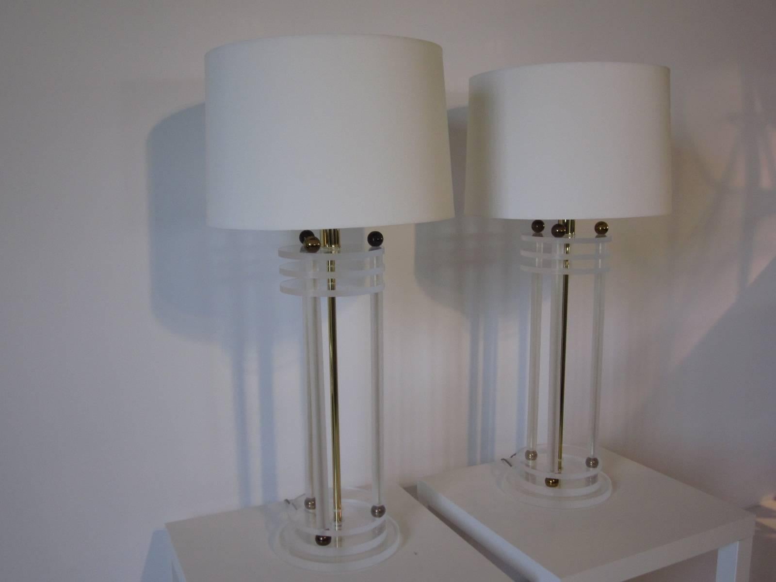 Brass and Lucite Column Table Lamps 1