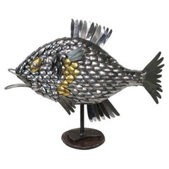 Large Folk Art Fish Sculpture Made of Flatware Signed AB 1984