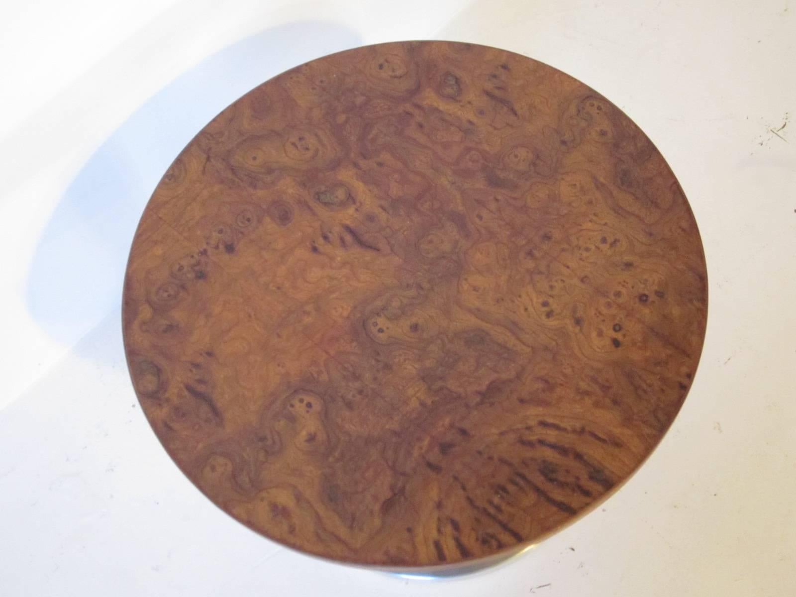 Burl Wood and Brushed Aluminum Side Table In Excellent Condition In Cincinnati, OH