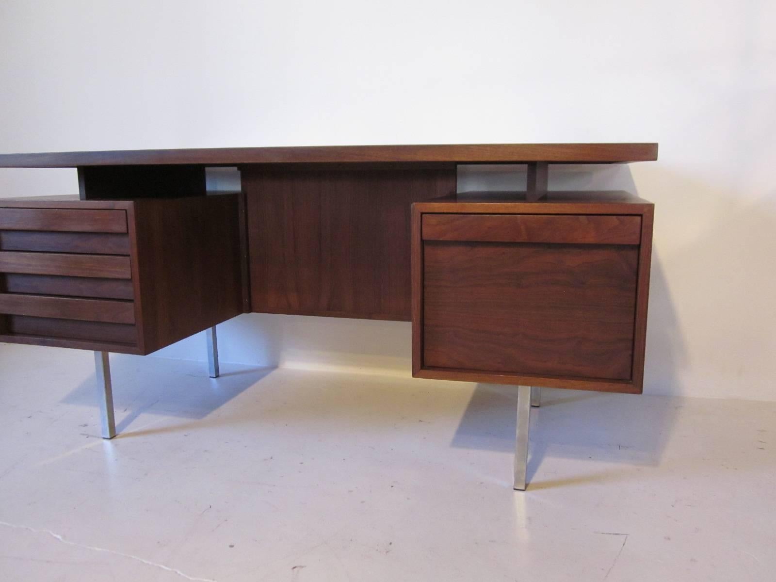 20th Century Mid-Century Walnut Floating Top Desk with Back Side Bookcase