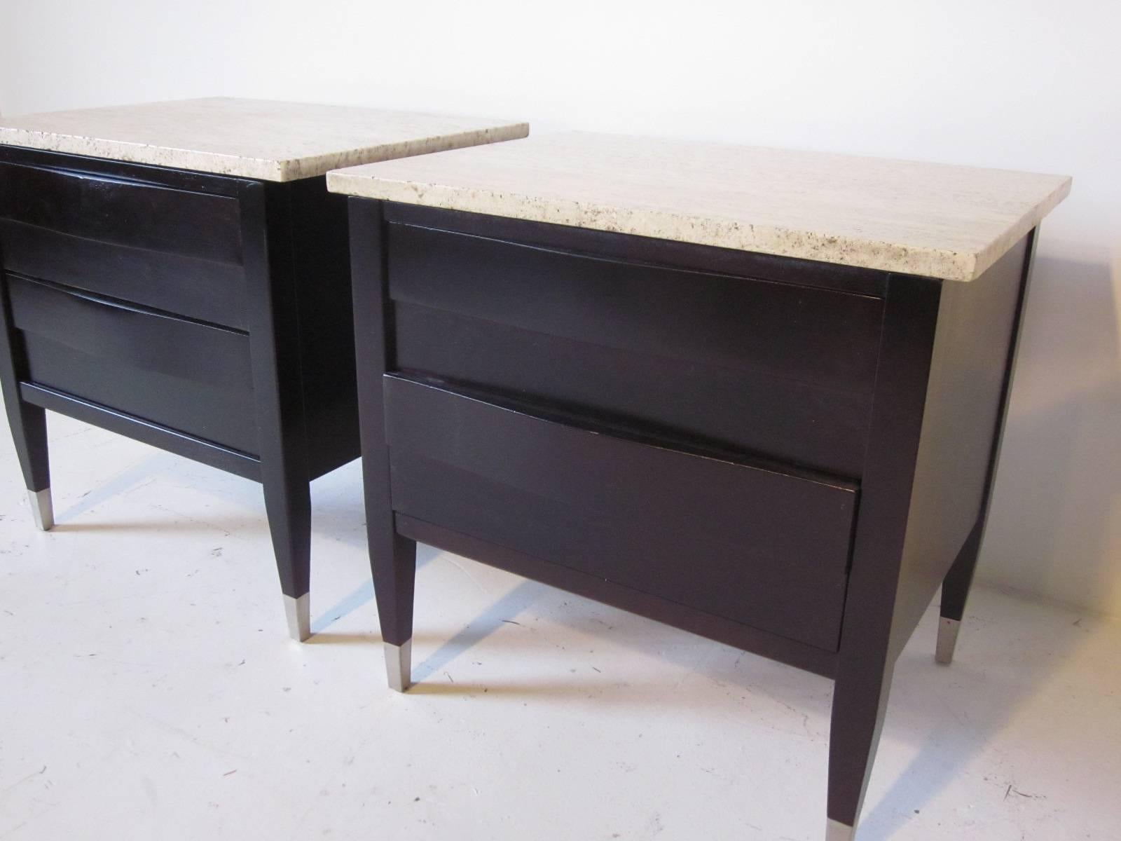 Mid-Century Modern Travertine Marble Topped Nightstands or End Tables by American of Martinsville