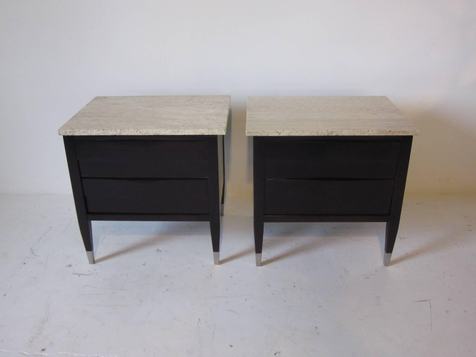 Travertine Marble Topped Nightstands or End Tables by American of Martinsville 2