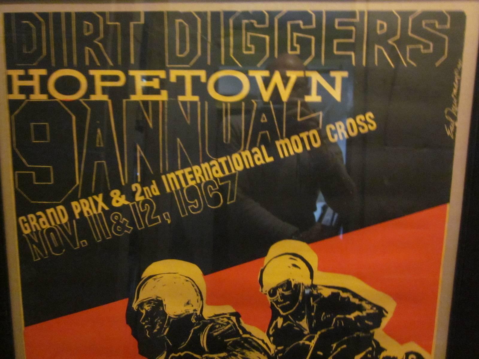 A vintage silkscreen motorcycle racing poster featuring the Dirt Diggers Hopetown 9th annual grand prix and 2nd international moto cross Nov. 11-12 1967. This is the second time the term Moto Cross was used for this type of international event,