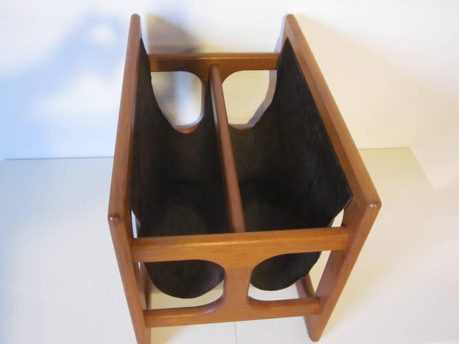 Danish Teak and Suede Magazine Rack 1