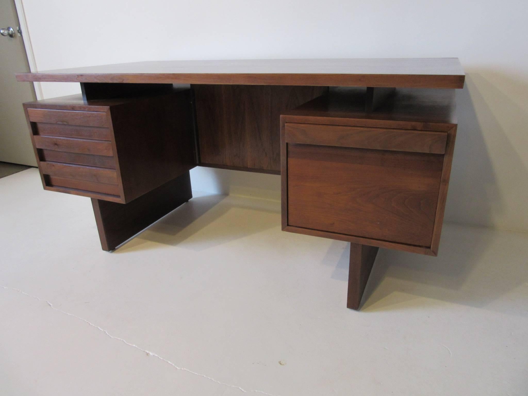 Mid-Century Modern John Keal Executive Floating Top Walnut Desk with Backside Bookcase