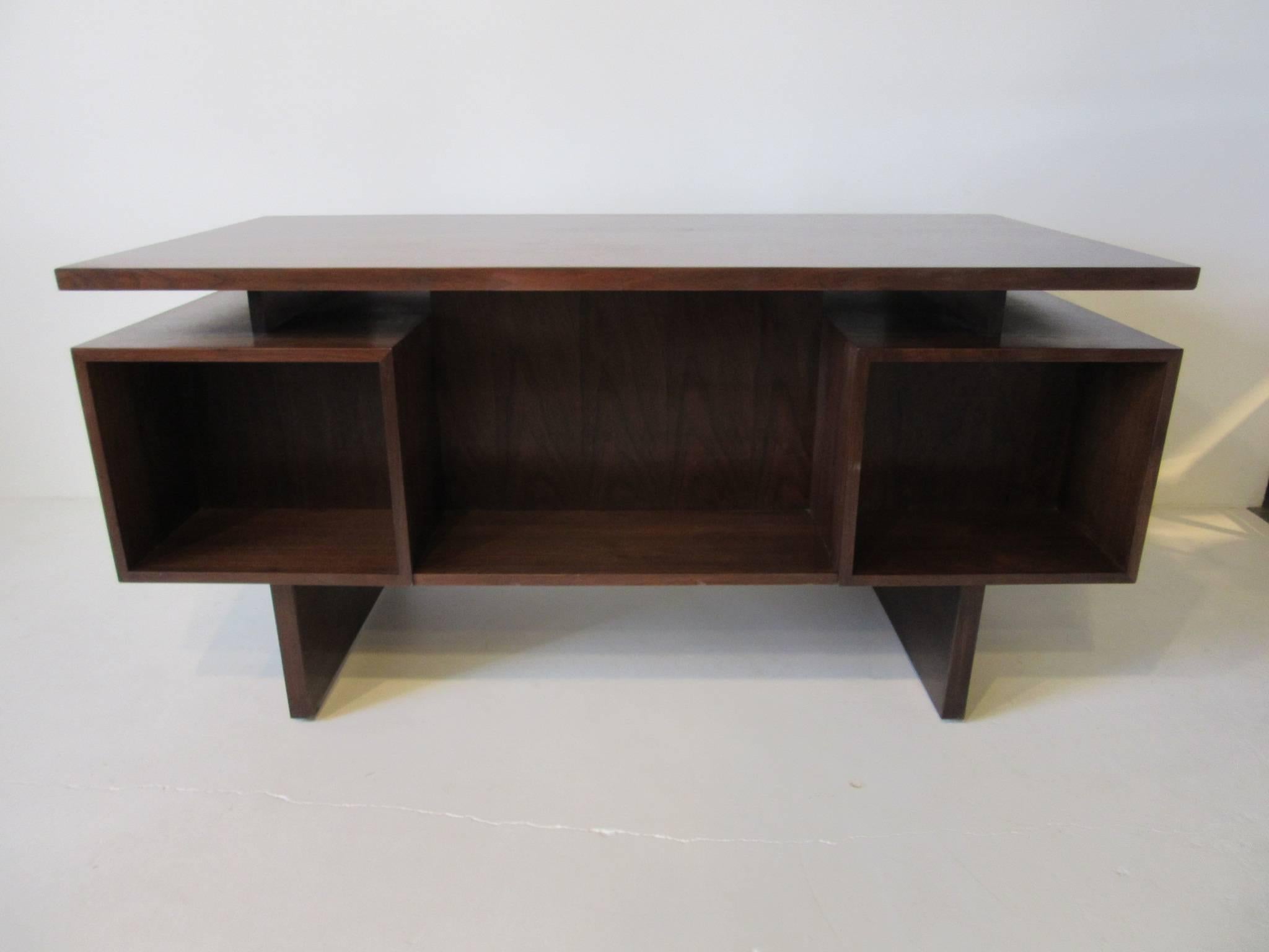 John Keal Executive Floating Top Walnut Desk with Backside Bookcase In Good Condition In Cincinnati, OH