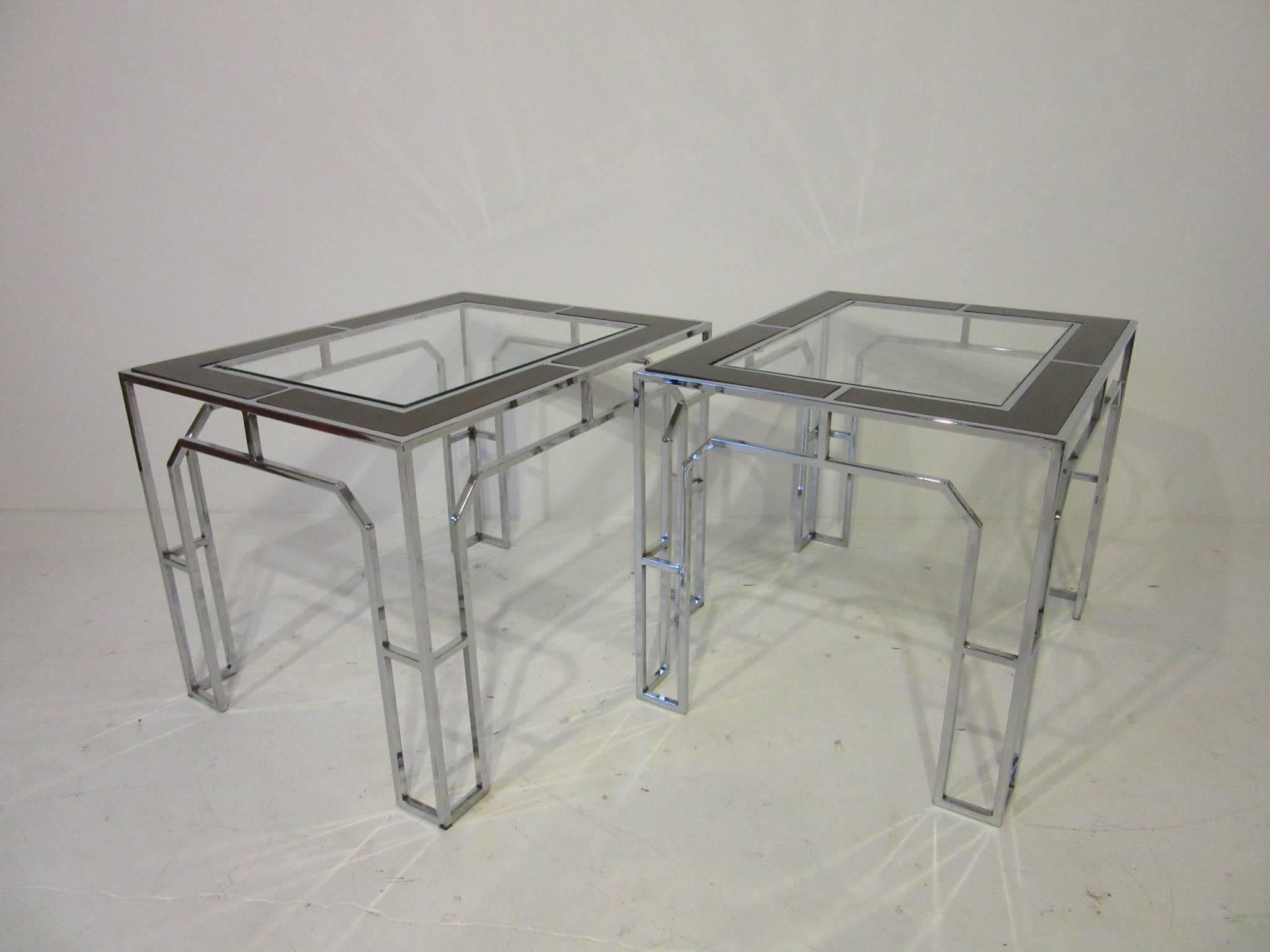 Mid Century Modern Chrome, Glass and Wood Side / End Tables or Nightstands 3