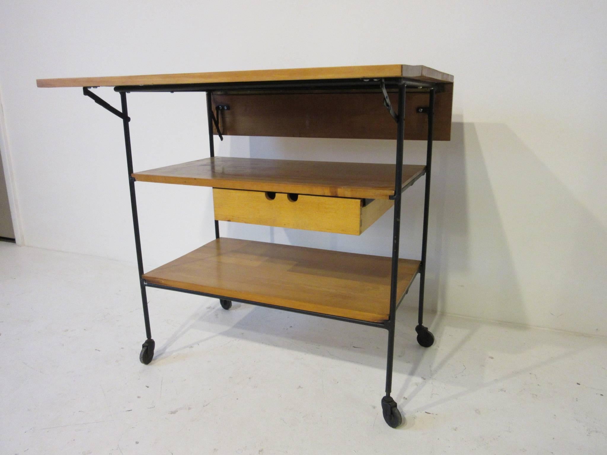 Mid-Century Modern Paul McCobb Rolling Bar or Serving Cart with Folding Top and Drawer