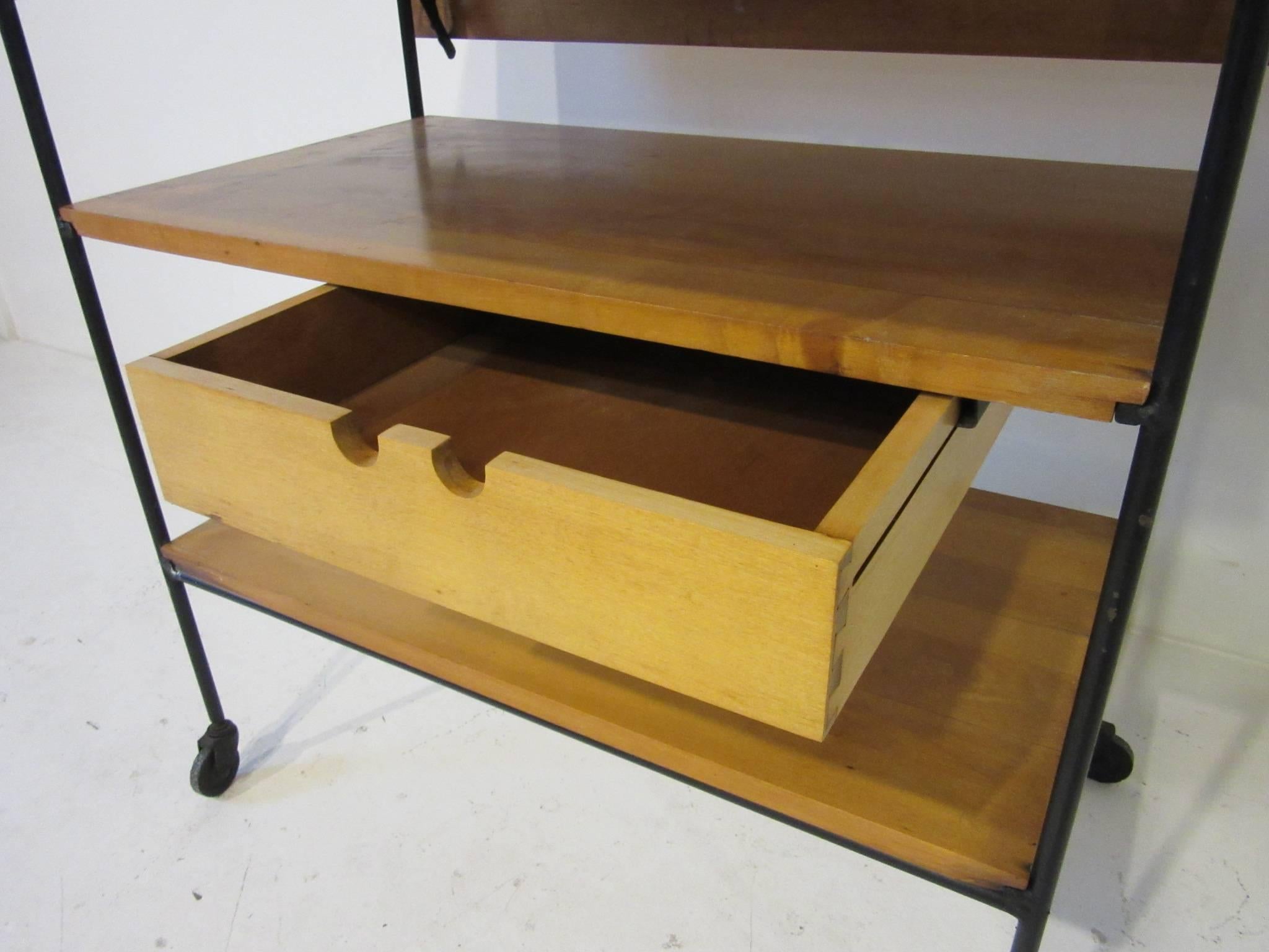 Paul McCobb Rolling Bar or Serving Cart with Folding Top and Drawer In Good Condition In Cincinnati, OH