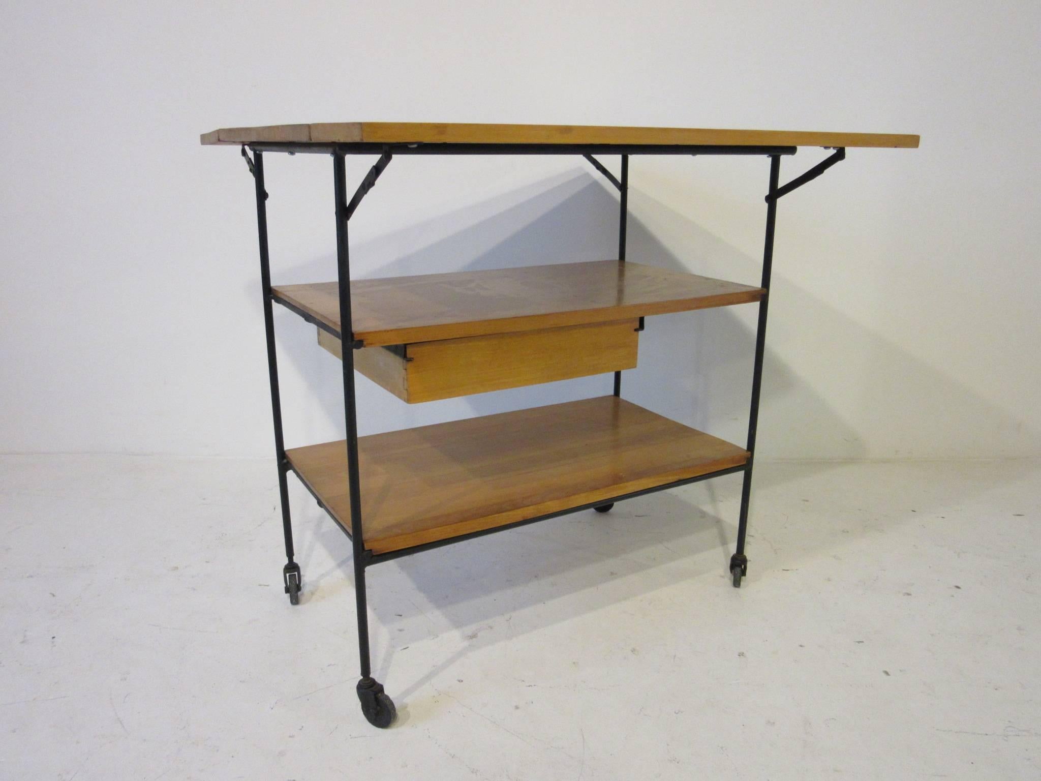 20th Century Paul McCobb Rolling Bar or Serving Cart with Folding Top and Drawer