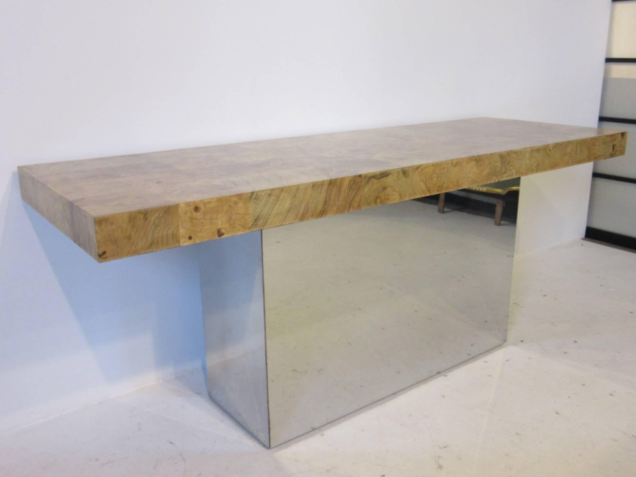Modern Milo Baughman Burl Wood and Polished Chromed Console Table 
