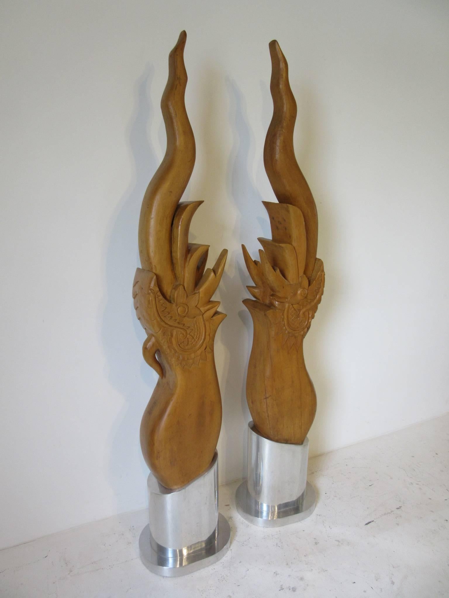 1970's Modern Asian Wood Carved Squid Sculptures on Aluminum Pedestals 4