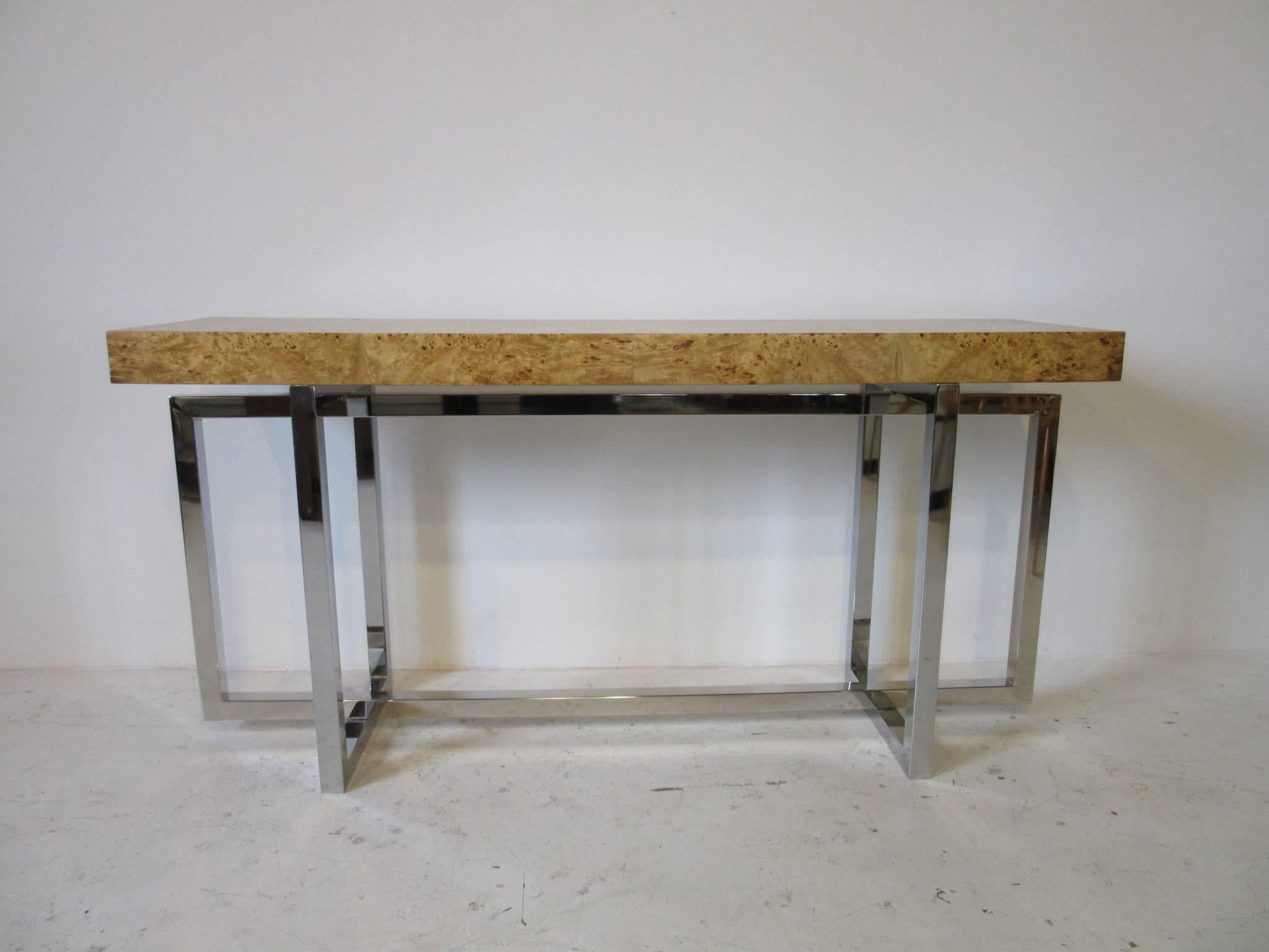 American Milo Baughman Chrome and Burl Wood Console Table