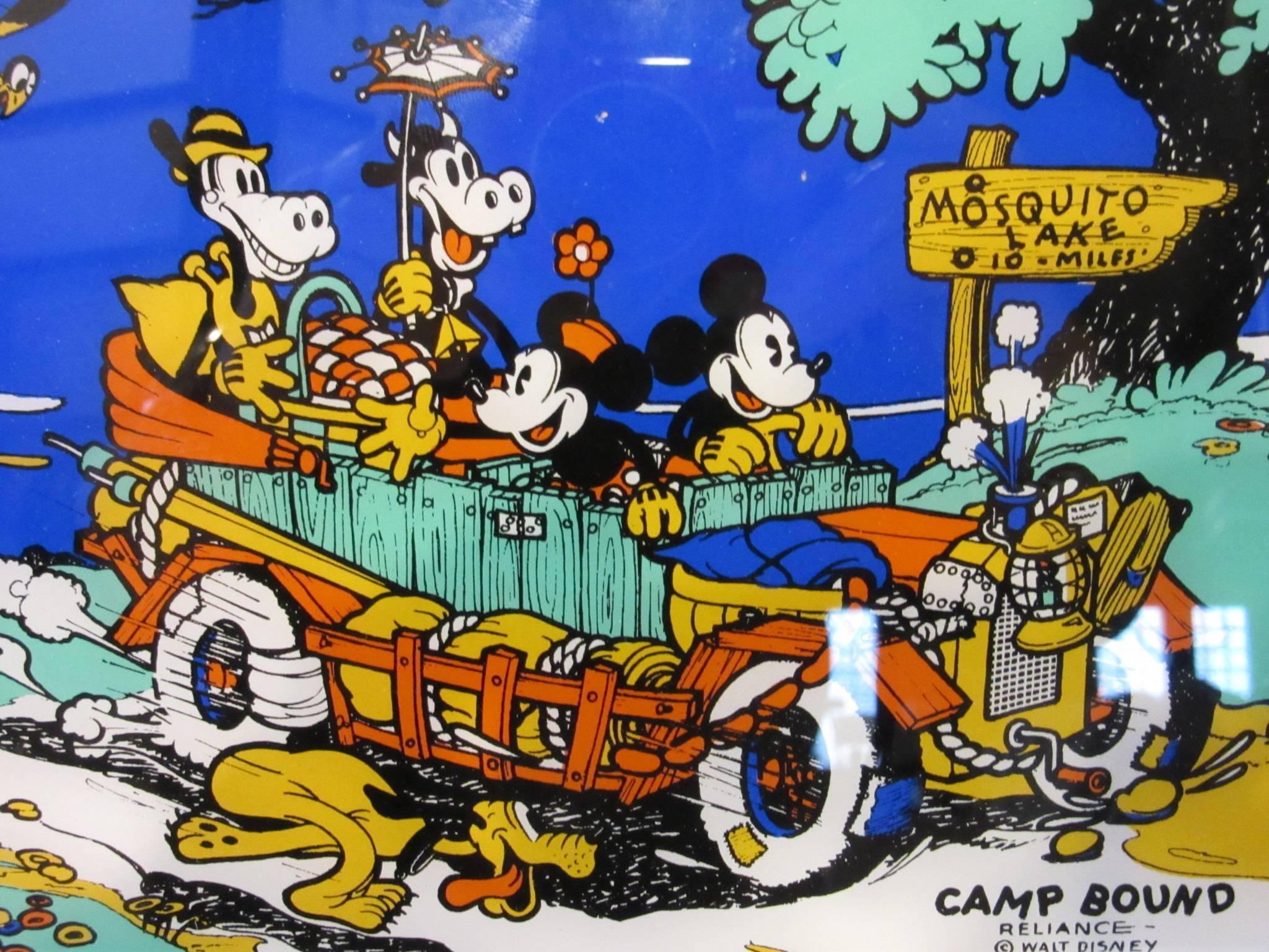 A rare and hard to find colorful reverse painted on glass wall art piece of Mickey, Minnie, Pluto, Clarabell and Horace in an old jalopy , titled " Camp Bound " produced in the 1930s by the Reliance Picture Frame Co. New York and Chicago
