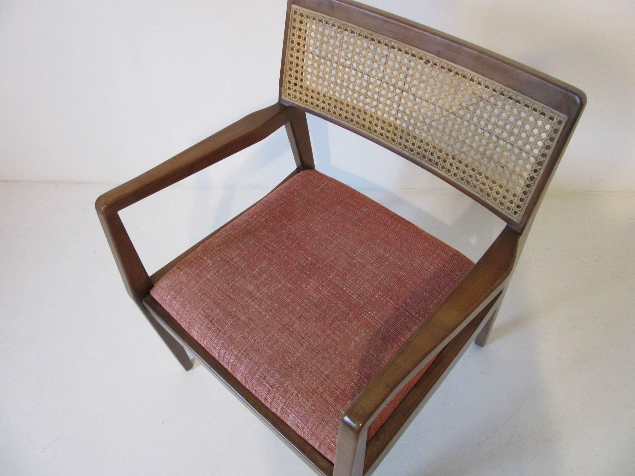 Six Jens Risom Walnut and Caned Upholstered Dining Chairs In Excellent Condition In Cincinnati, OH