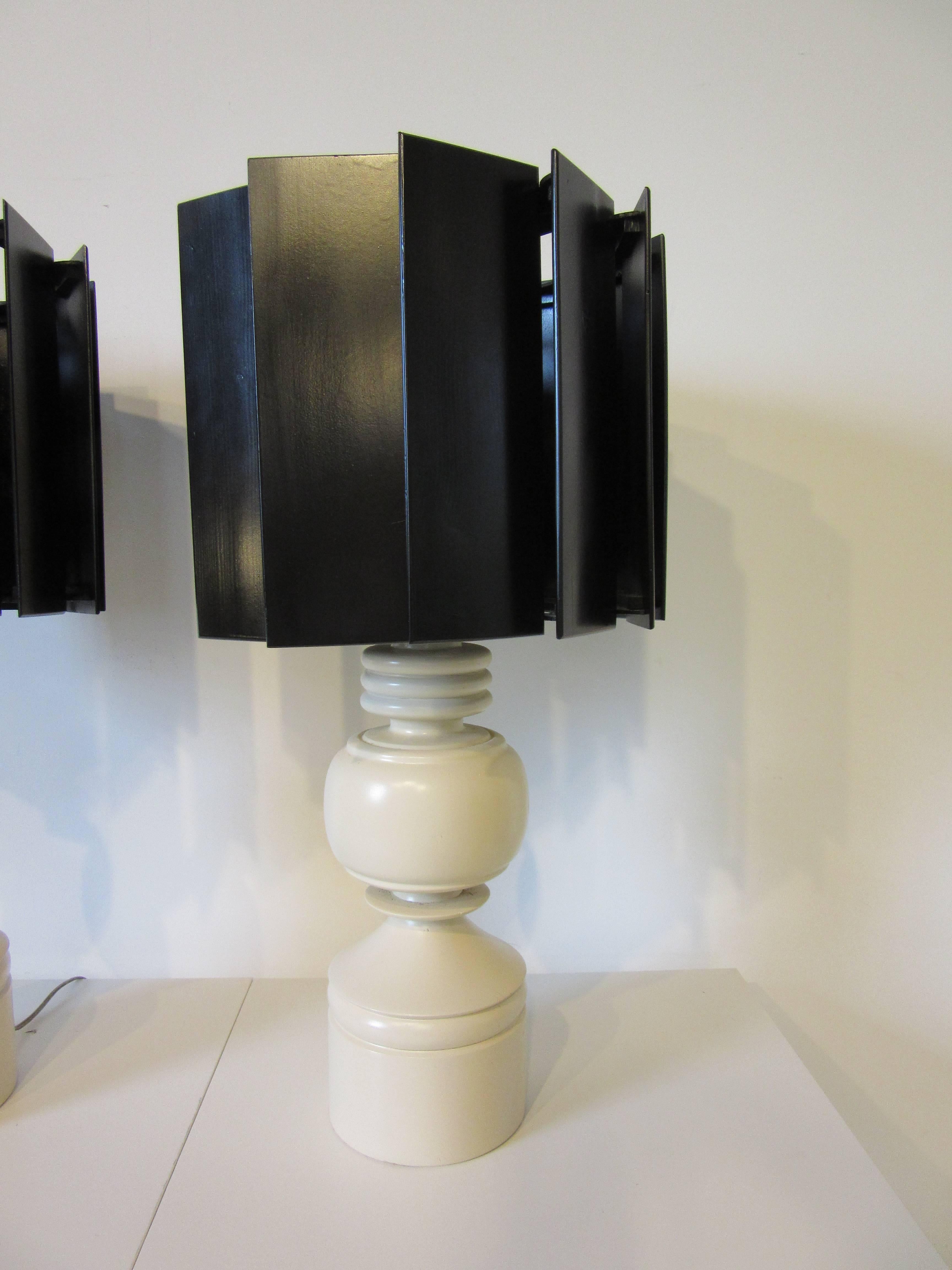 Canadian Midcentury Lake House Turned Wood Lamps with Turbine Styled Wood Shades