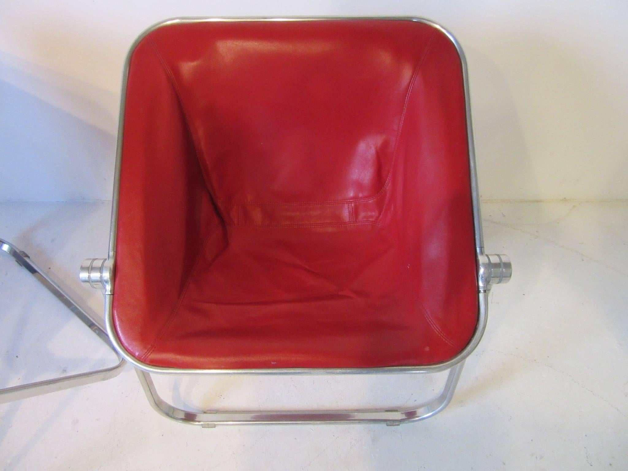 Giancarlo Piretti Folding Plona Leather and Aluminum Chairs for Castelli, Italy In Good Condition In Cincinnati, OH