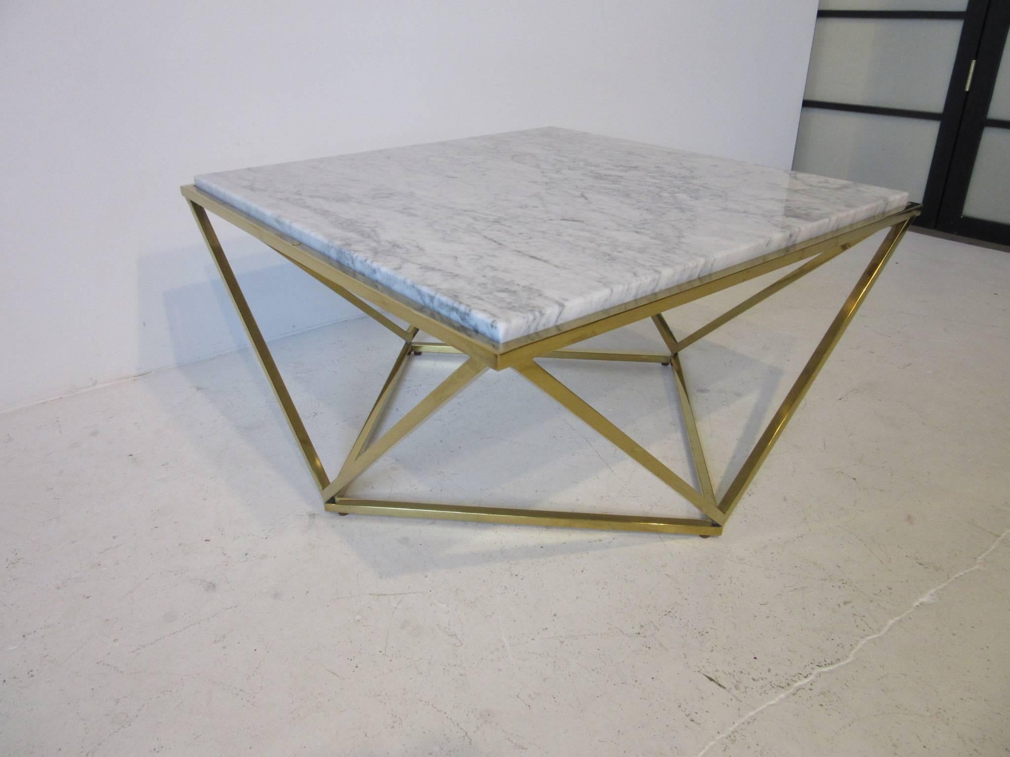 20th Century Milo Baughman Styled Brass and Italian Marble Coffee Table 