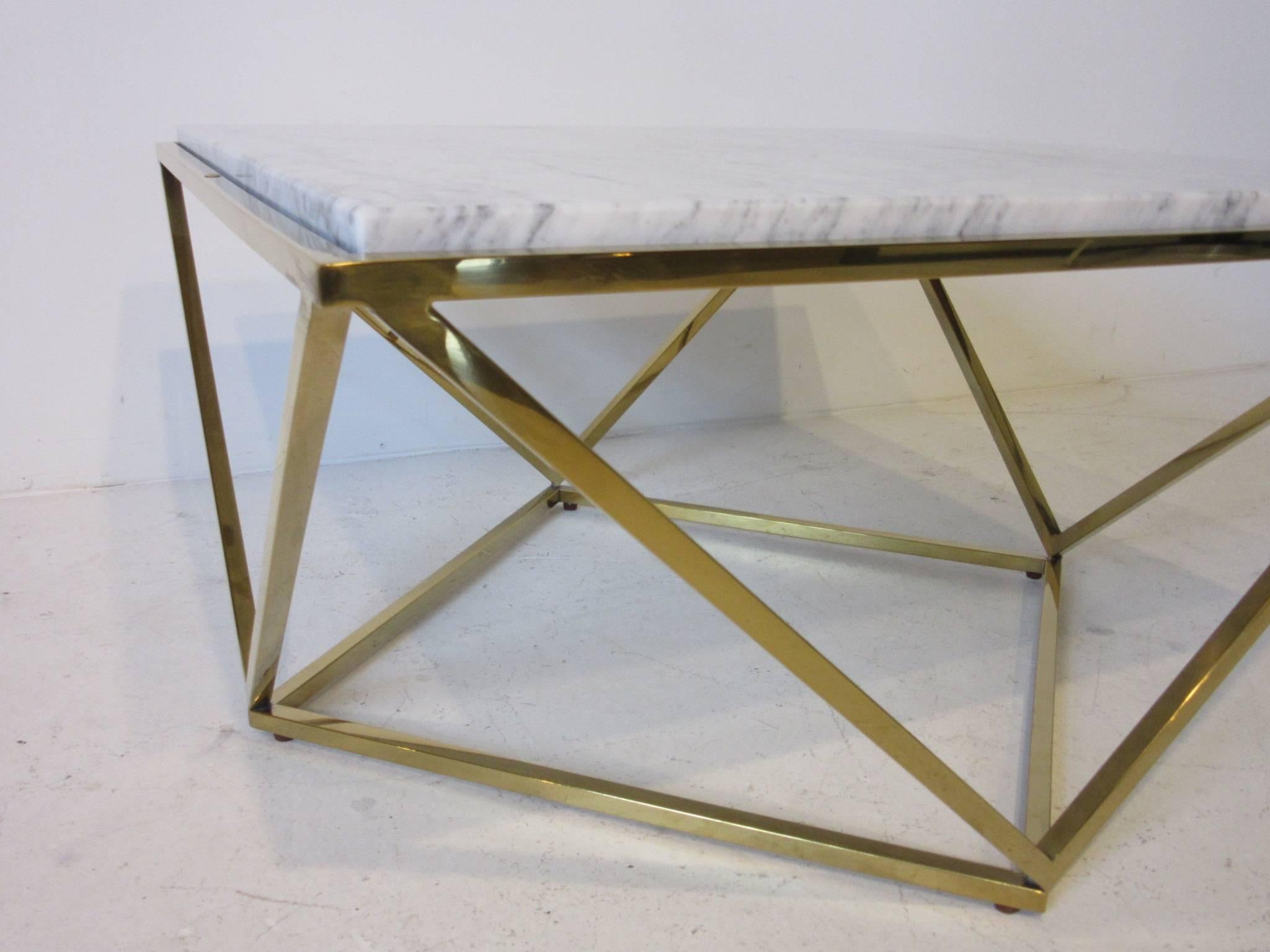 Modern Milo Baughman Styled Brass and Italian Marble Coffee Table 