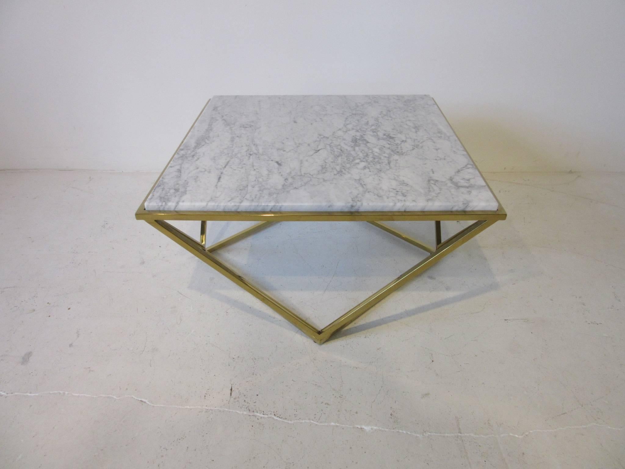 American Milo Baughman Styled Brass and Italian Marble Coffee Table 
