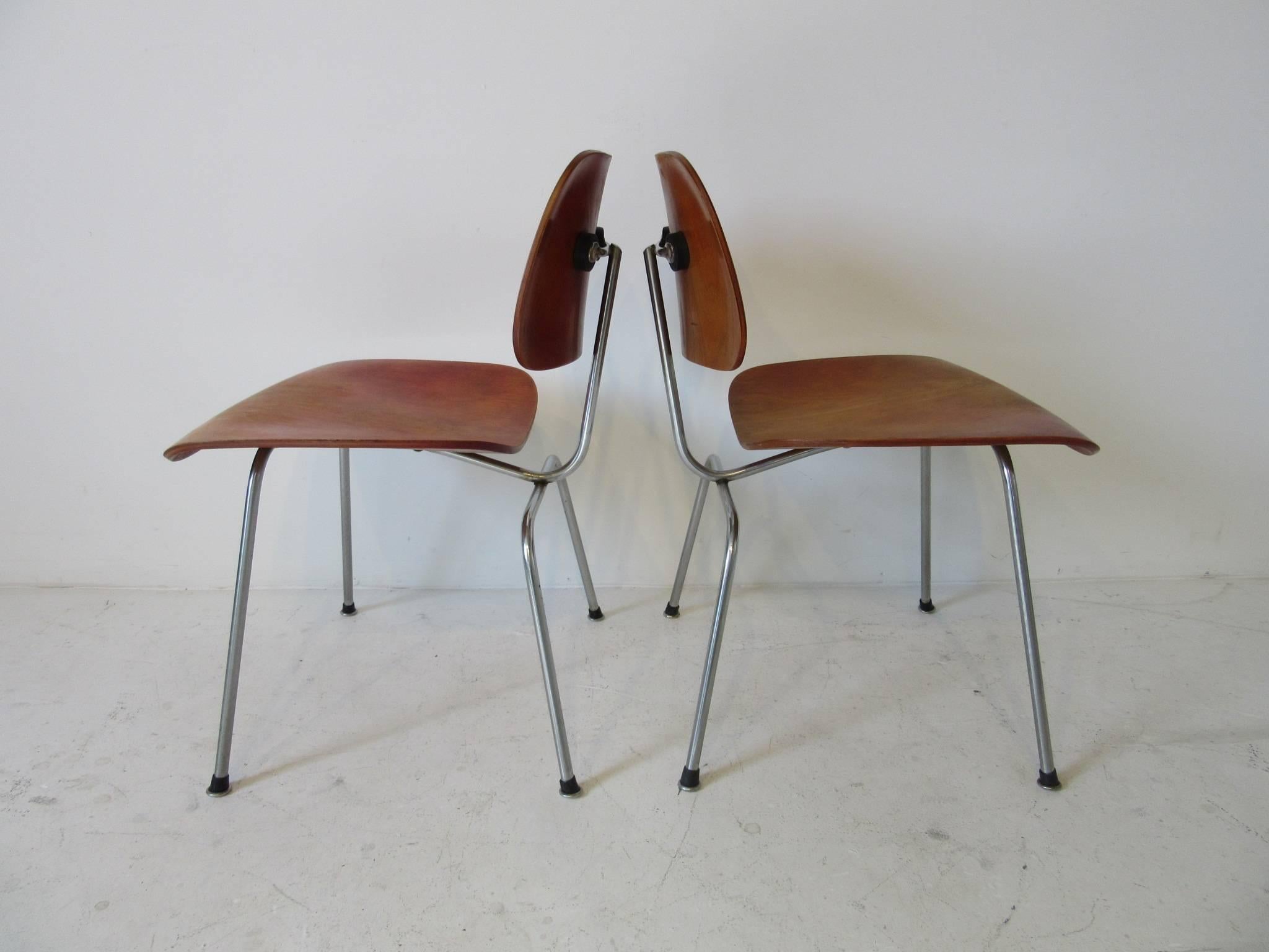 Mid-Century Modern Eames Red Aniline Dyed DCM Chairs by Herman Miller