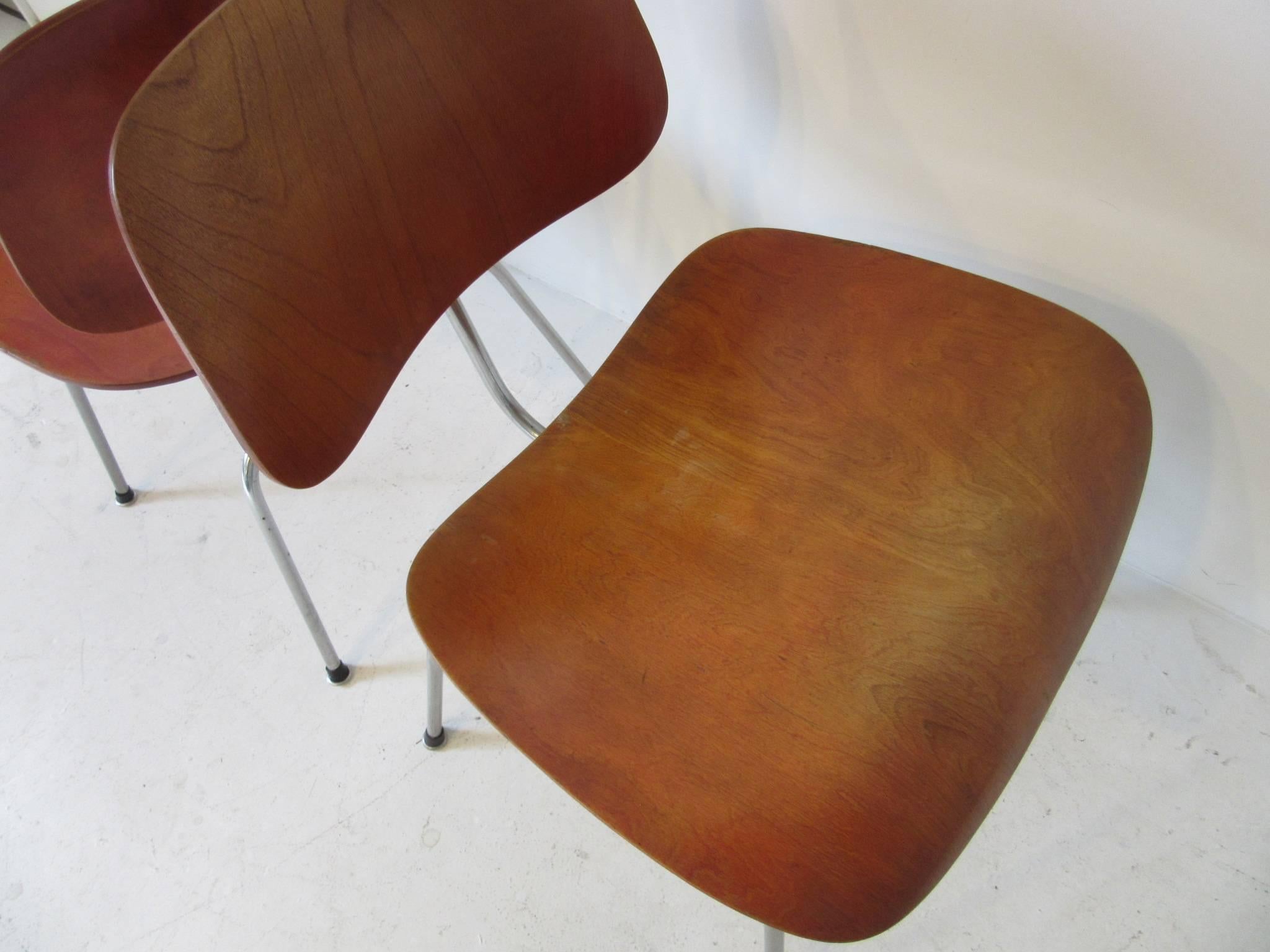 American Eames Red Aniline Dyed DCM Chairs by Herman Miller