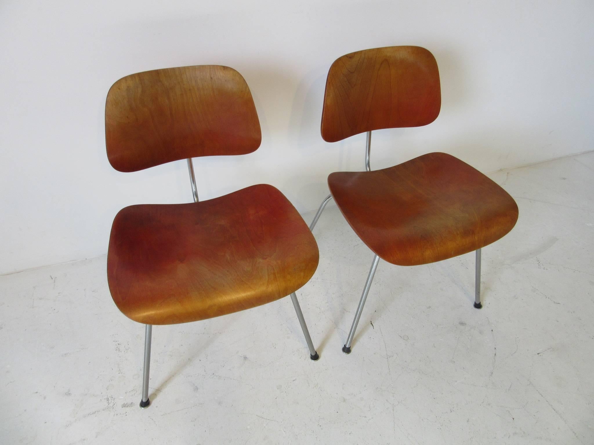 Eames Red Aniline Dyed DCM Chairs by Herman Miller 1