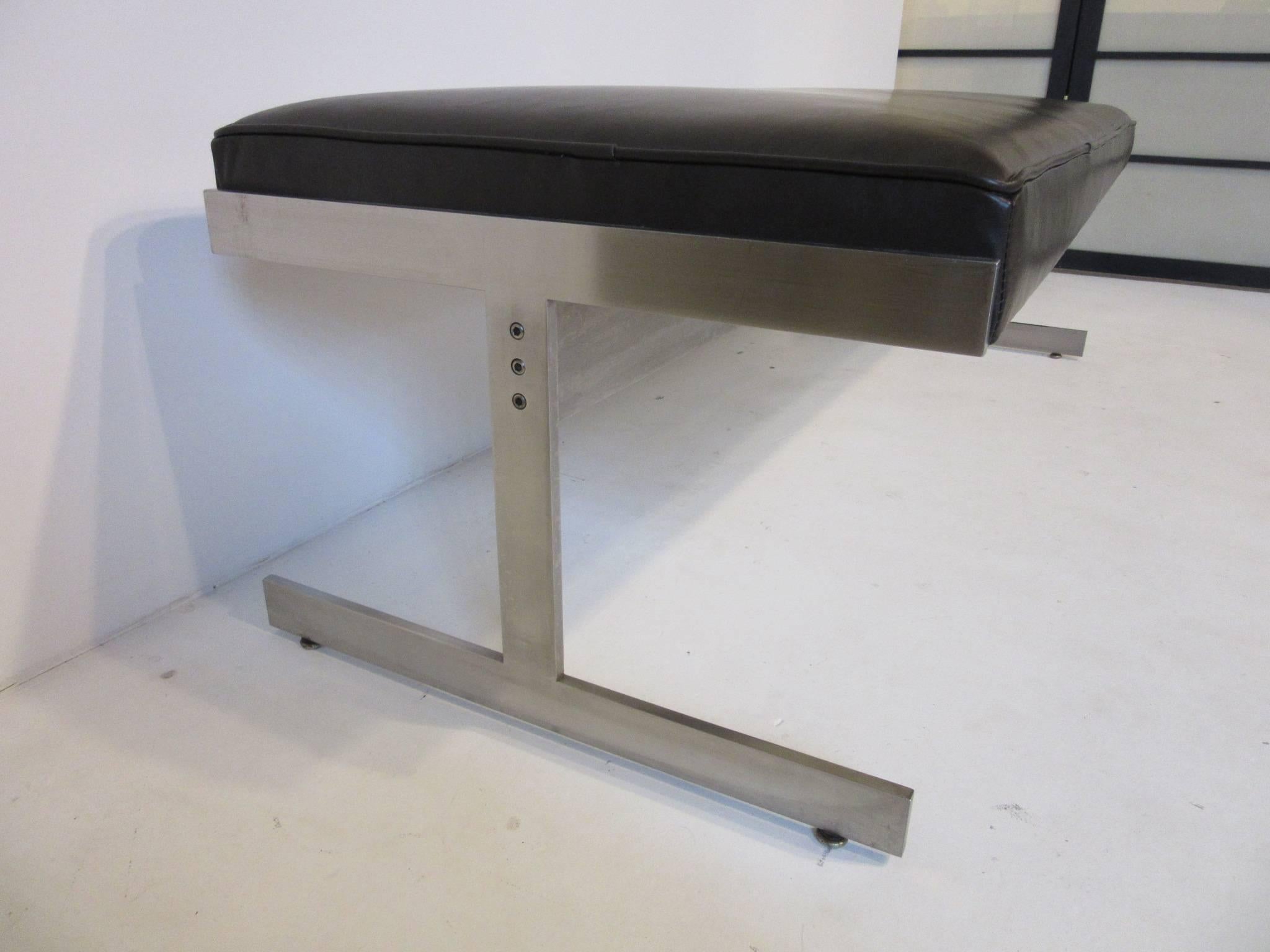 Mid-Century Modern Leather Padded Stainless Steel Bench in the Style of Poul Kjaerholm