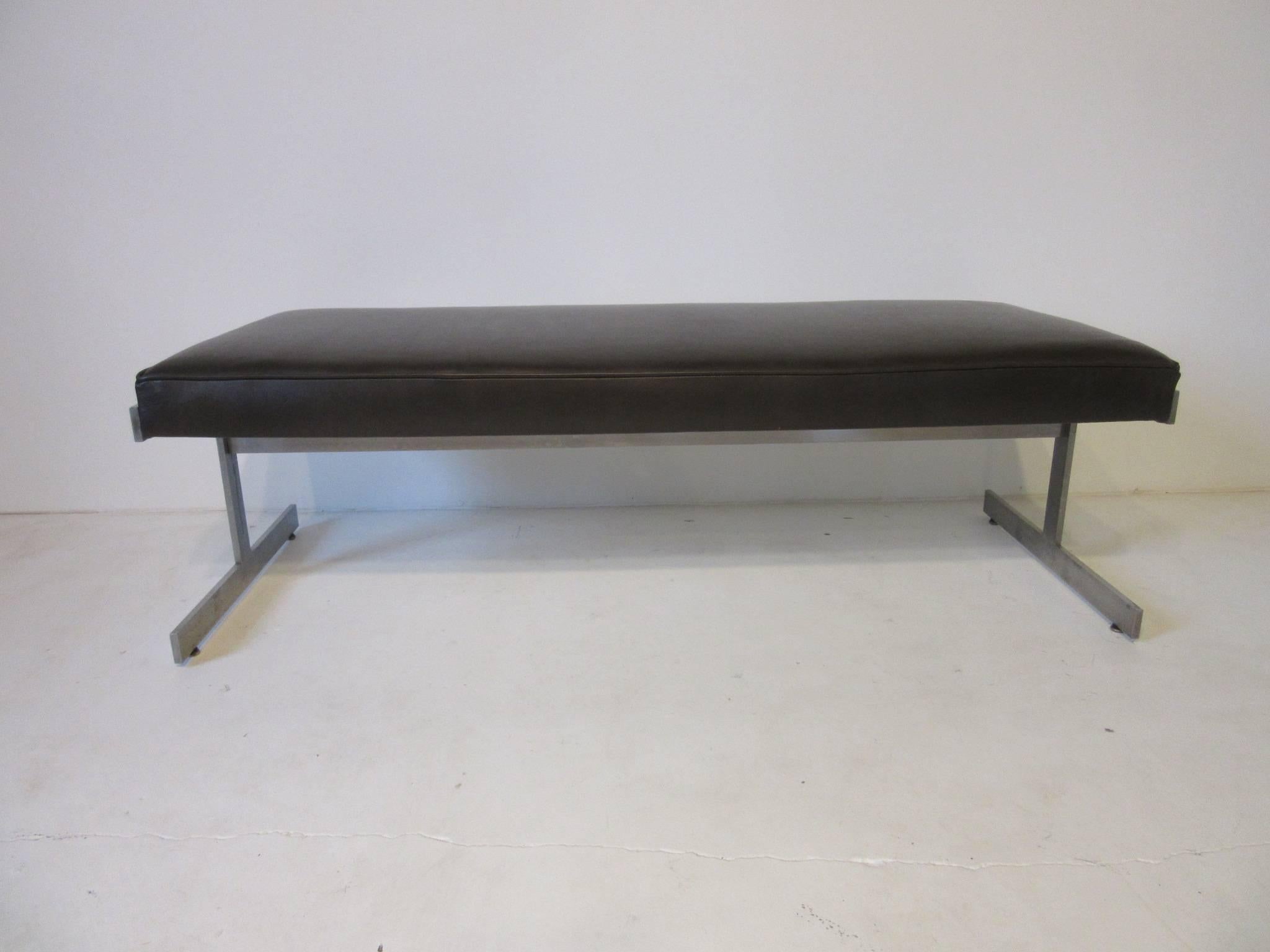 Leather Padded Stainless Steel Bench in the Style of Poul Kjaerholm 1