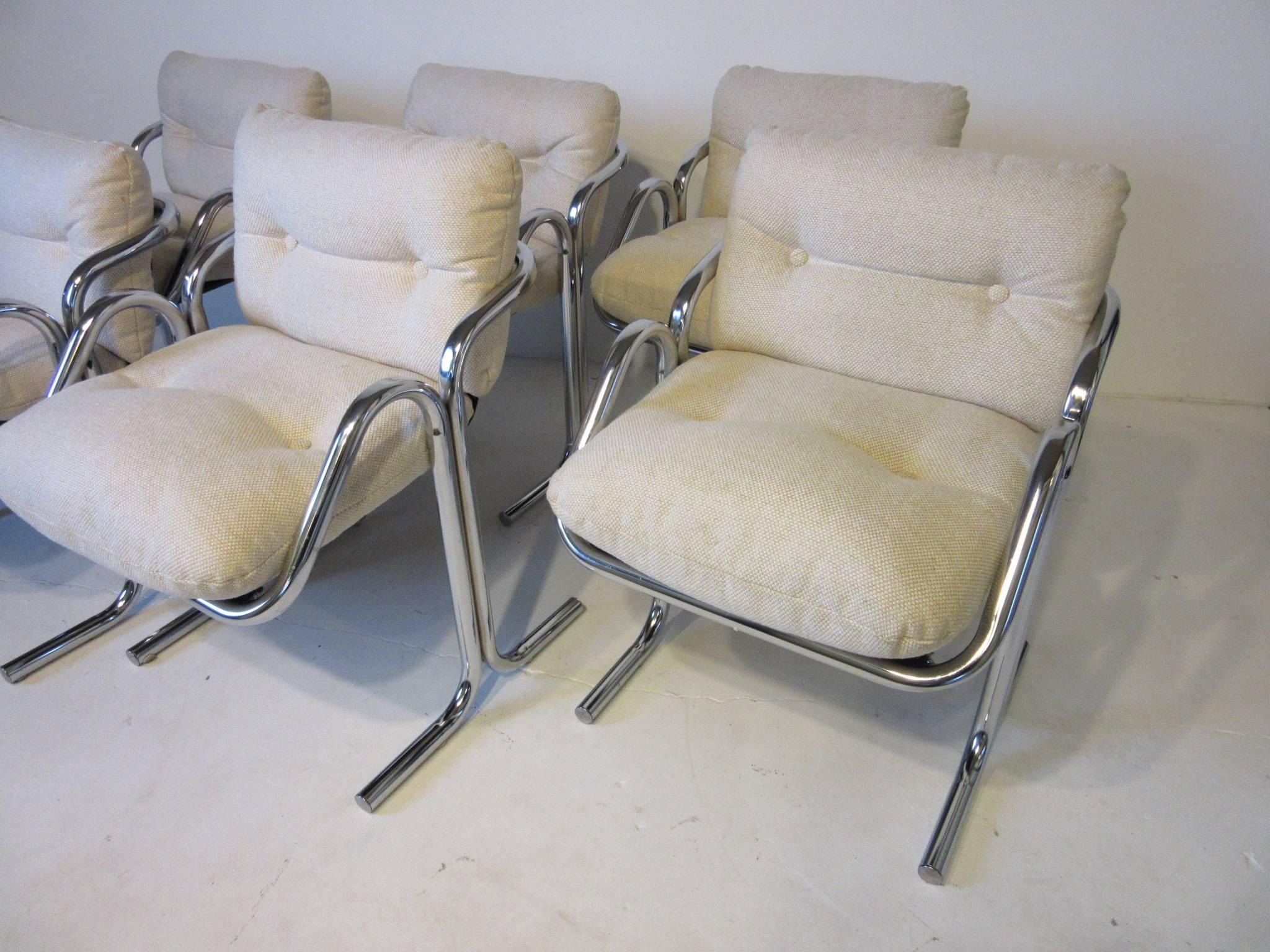 American Six Chrome Upholstered Sculptural Dining Chairs by Jerry Johnson
