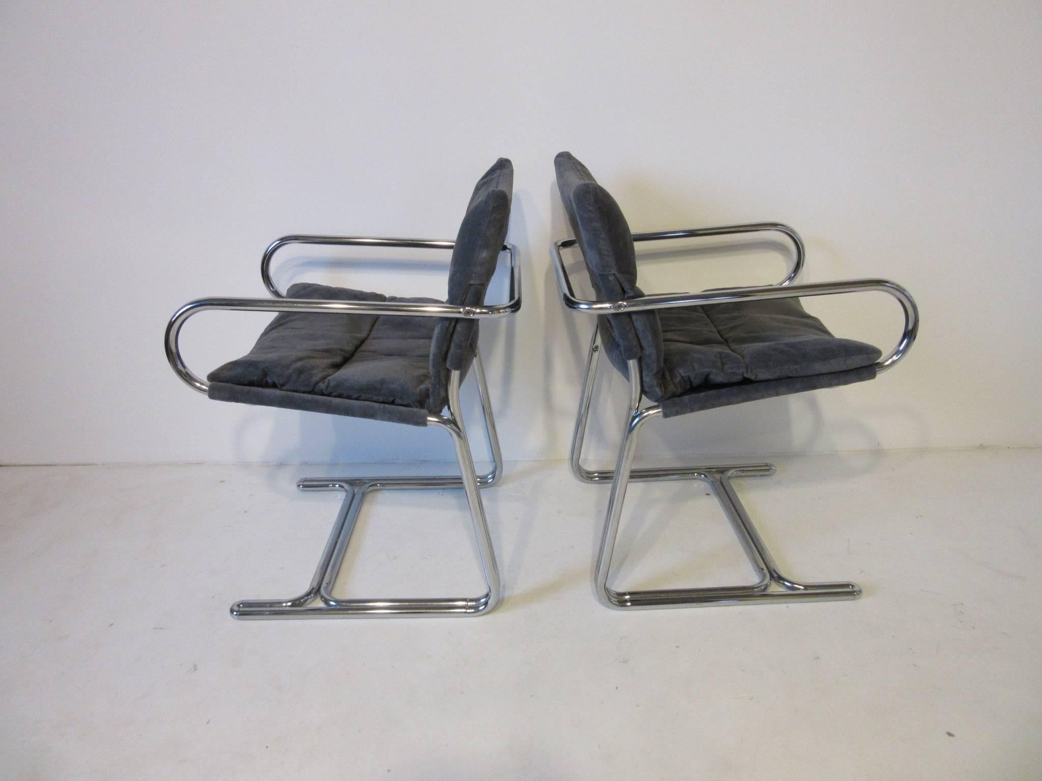 20th Century 1970s Chrome and Upholstered Armchairs in the Style of Milo Baughman