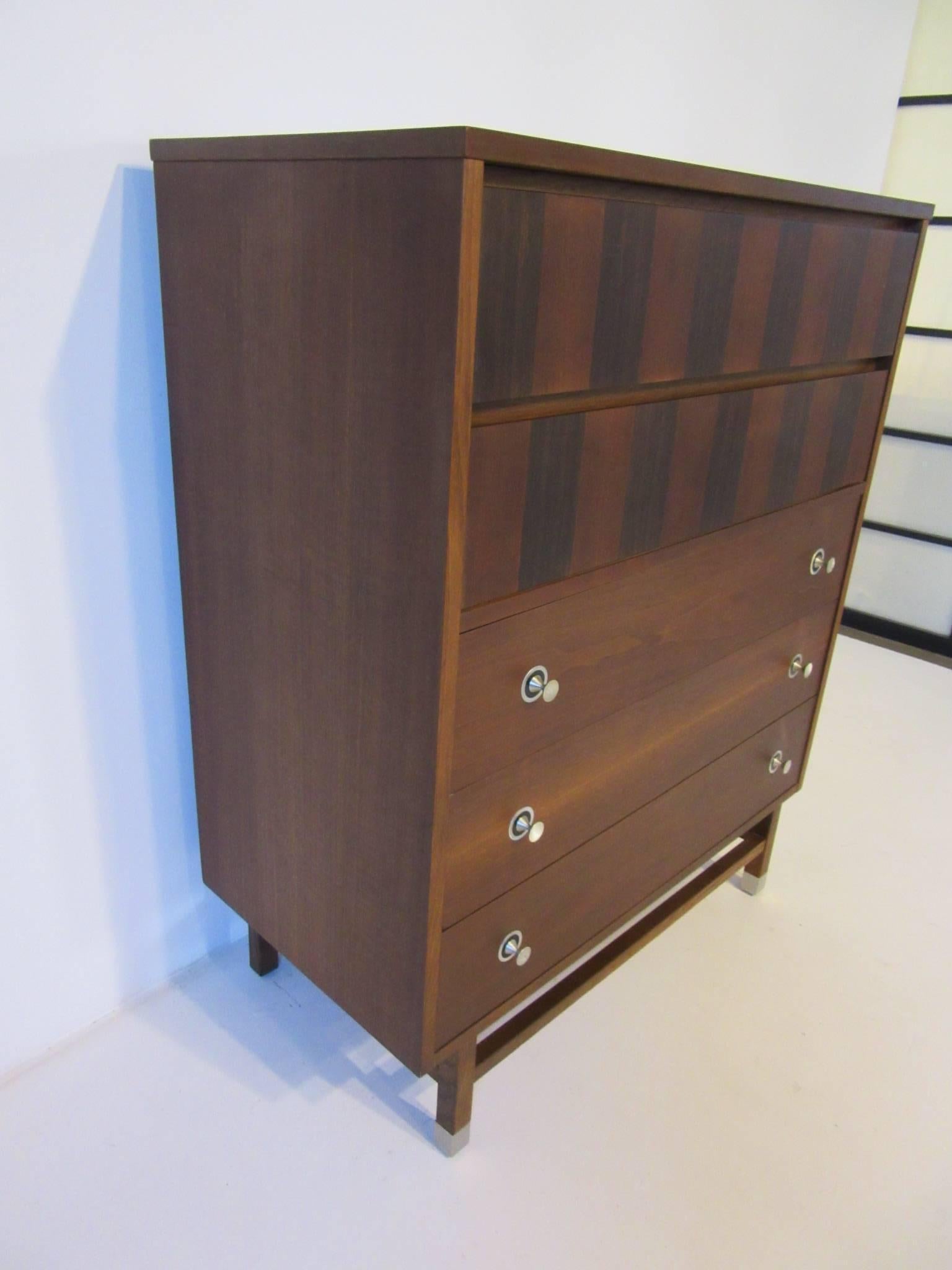 Mid-Century Modern Walnut and Rosewood Tall Dresser Chest by Stanley