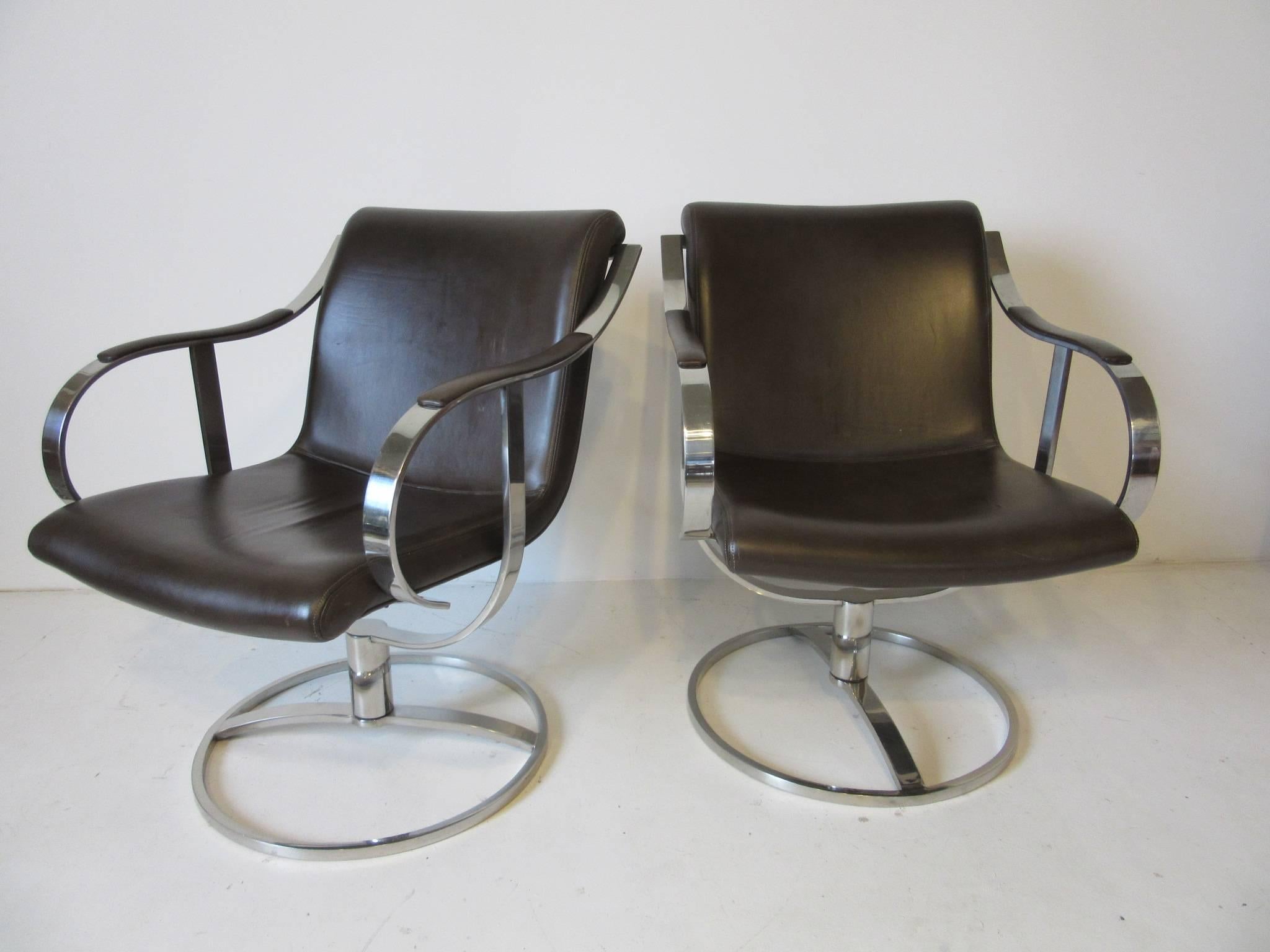 20th Century Steelcase Chrome and Leather Swivelling Lounge Chairs by Gardner Leaver
