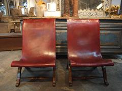 Pair of Spanish Low Sling Back Slipper Chairs in Leather