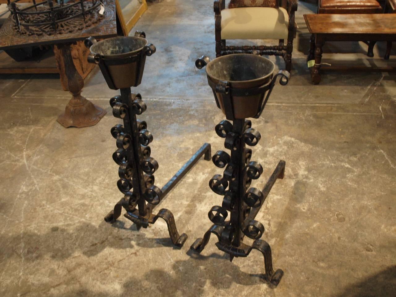 Pair of French 18th Century Andirons with Copper Vessels In Excellent Condition In Atlanta, GA