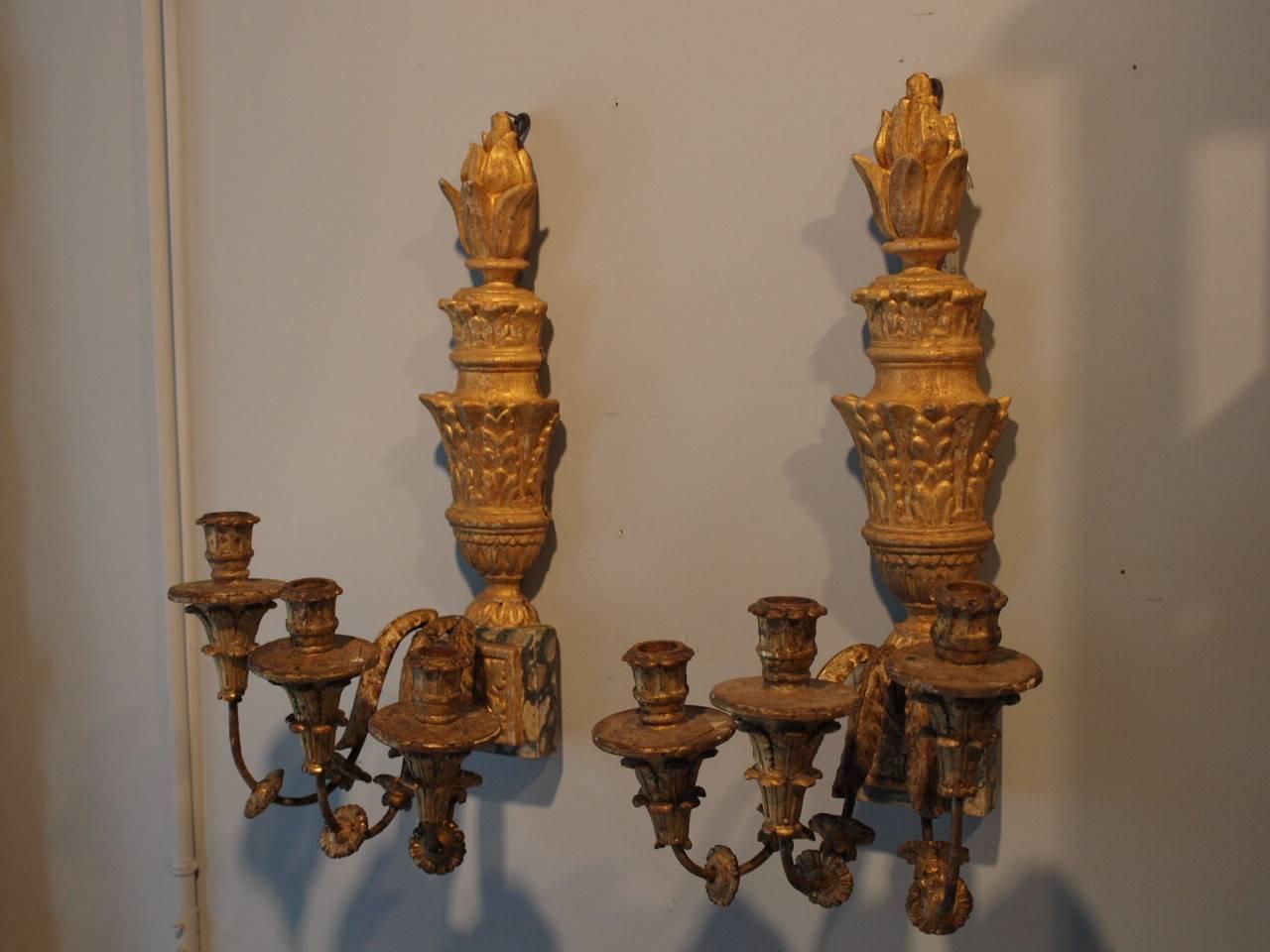 A very striking pair of 18th century Northern Italian 3 arm sconces / appliques.  Beautifully constructed in polychromed and giltwood with tapering iron arms.  Faux Marble detailing.