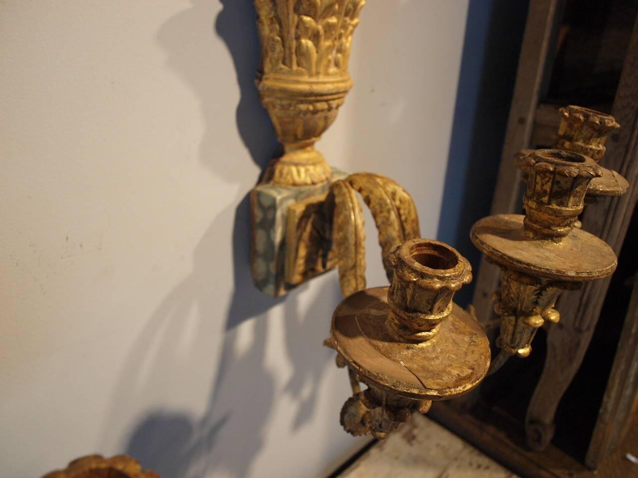 Pair of 18th Century Northern Italian Three-Arm Sconces, Appliques in Giltwood For Sale 2