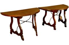 Pair of Early 19th Century Italian Demi Lune Console Tables in Walnut