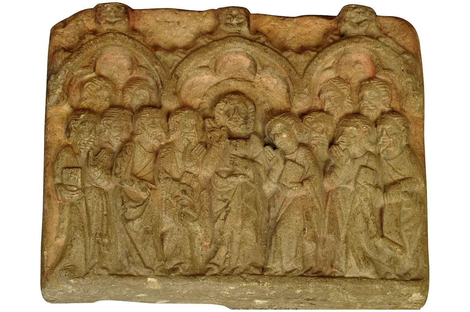 A very handsome carved stone plaque of Jesus and the 12 apostles in the Gothic tastes, France, 19th century.