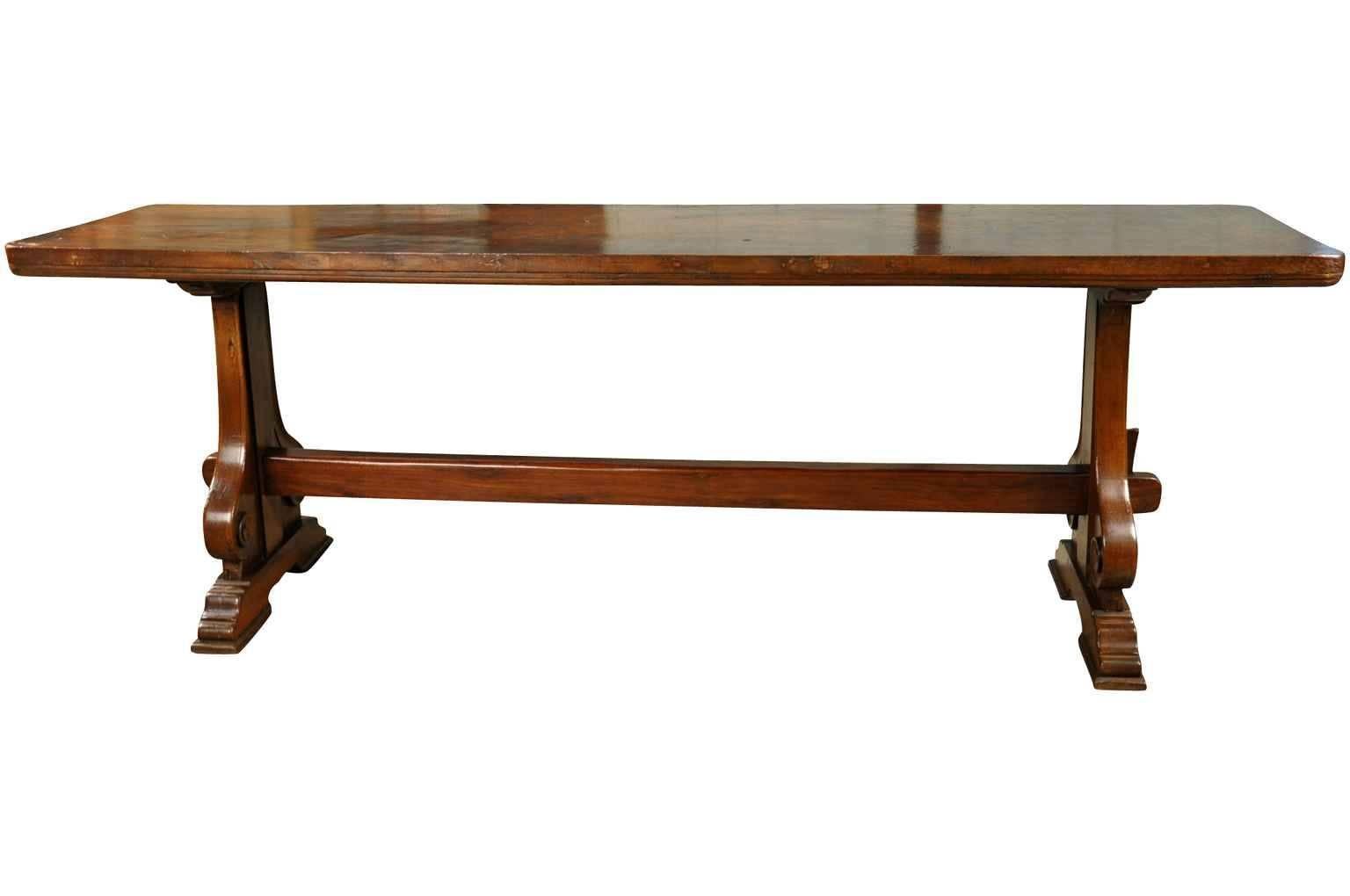 A very striking mid-19th century console from Northern Italy. Beautifully constructed with the top being a solid walnut board. Fabulous patina and graining, rich and luminous. Wonderful not only as a console, but serves beautifully as a sofa table