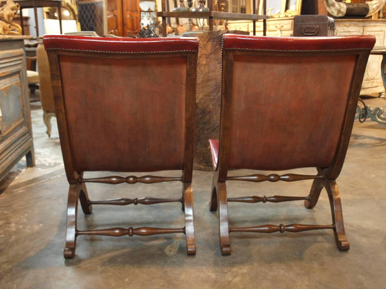 Pair of Spanish Low Sling Back Slipper Chairs in Leather 4