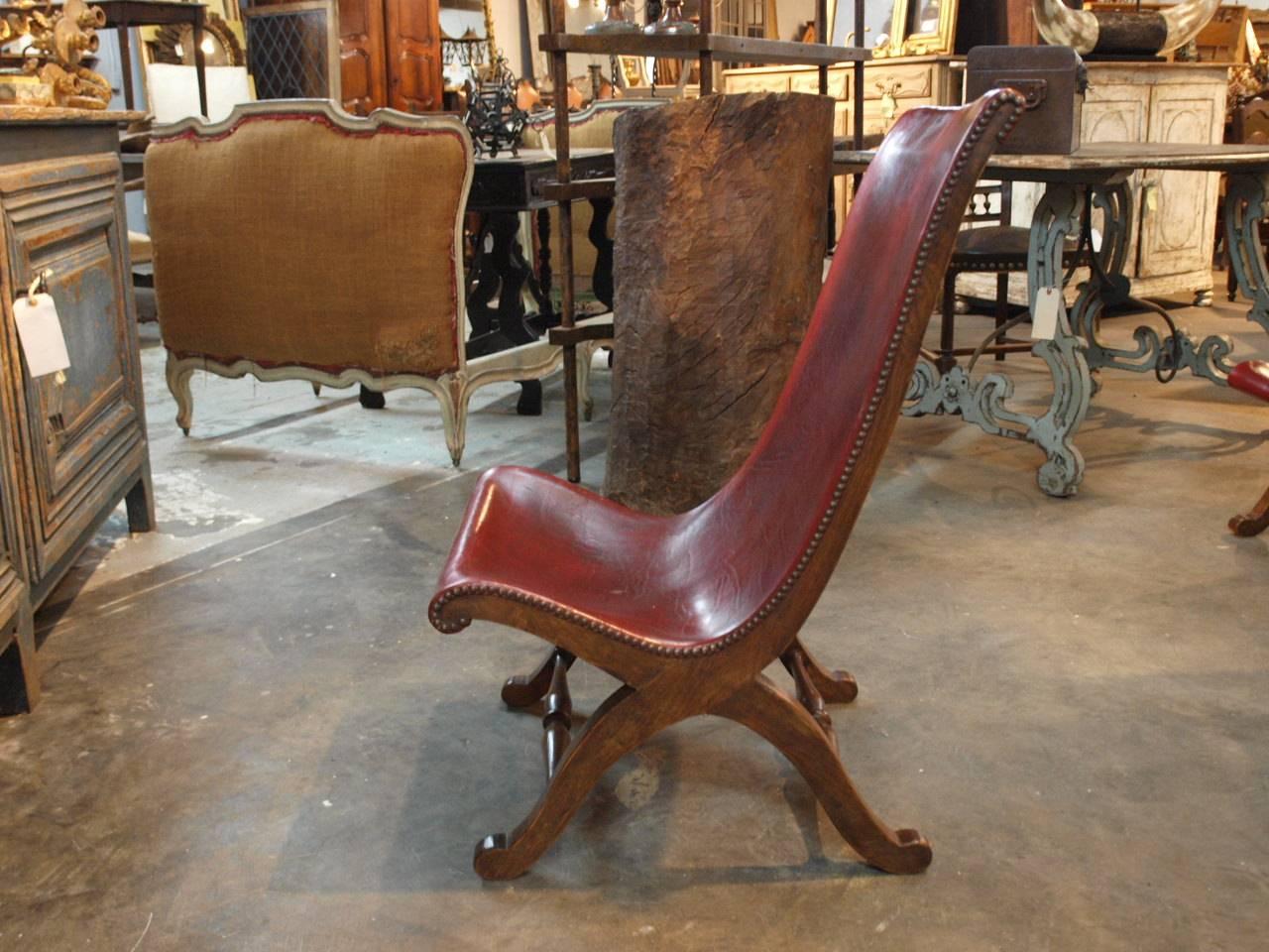 Pair of Spanish Low Sling Back Slipper Chairs in Leather 1