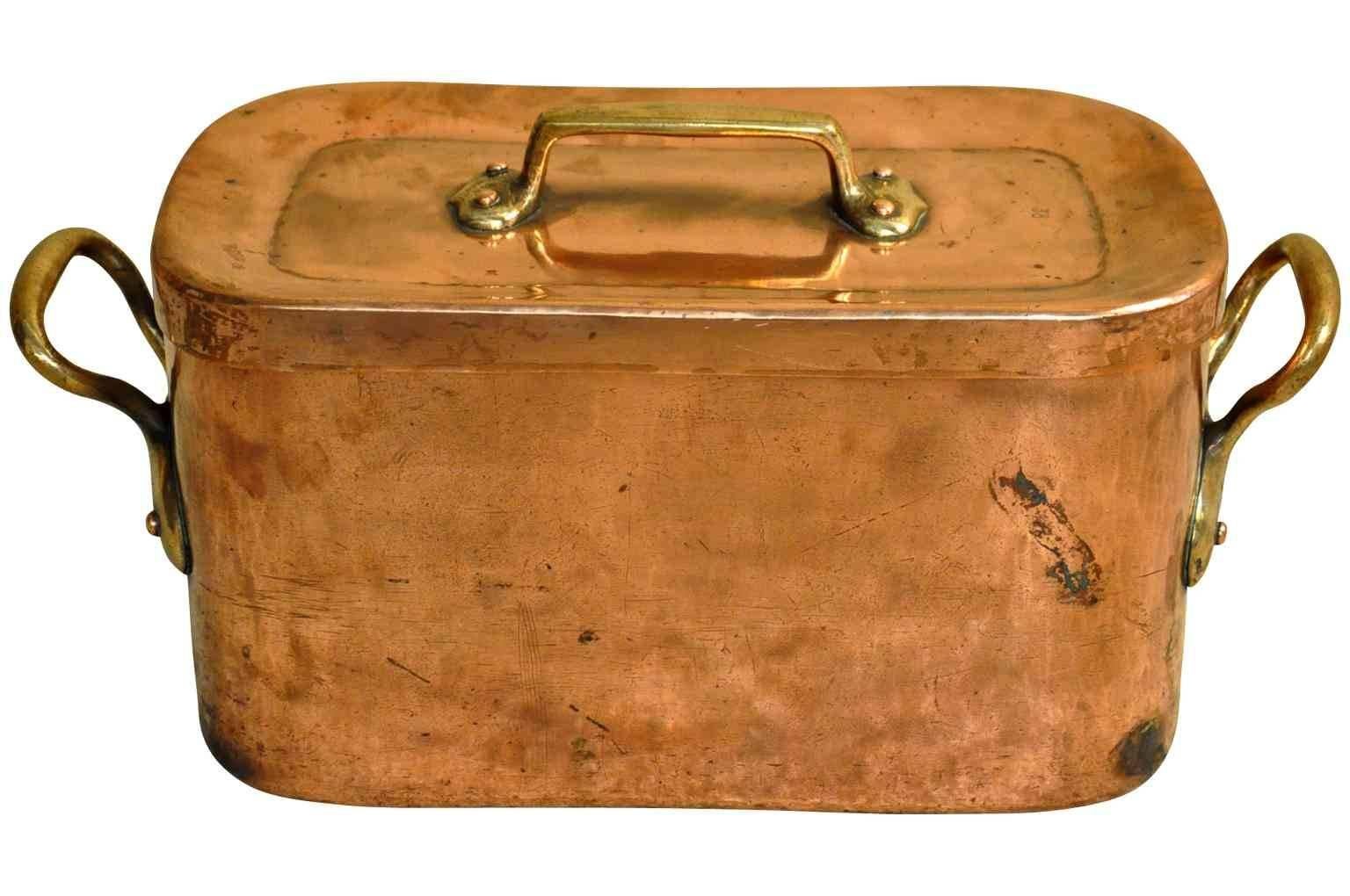 A very handsome and very heavy gauge French 18th century lidded copper cooking pot or stewing pot with hand-forged iron handles. A fabulous kitchen accessory or flower arranging vessel.