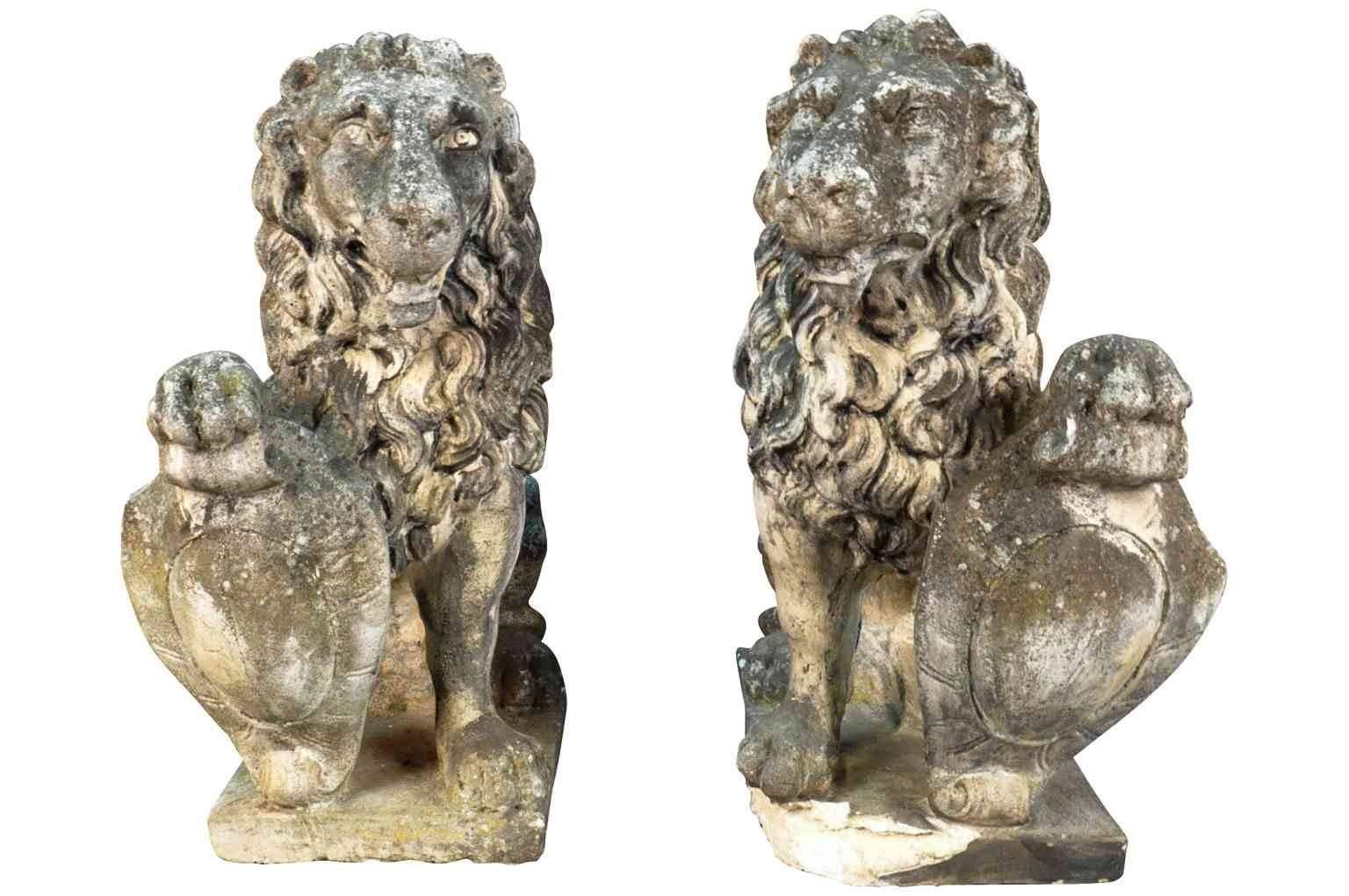 Pair of 19th Century French Stone Lions In Fair Condition In Atlanta, GA