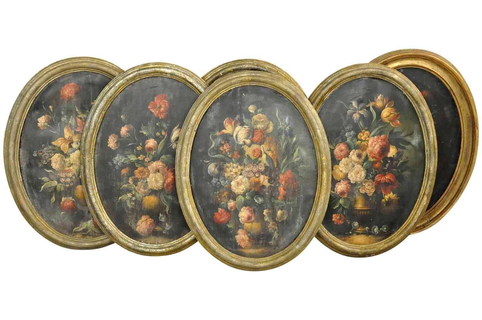 An outstanding set of six 18th century floral still life paintings from Northern Italy. Oil on canvas housed in silvered and gold gilt frames. Please note that one of the paintings has a replaced frame - an antique frame more in gold tones.