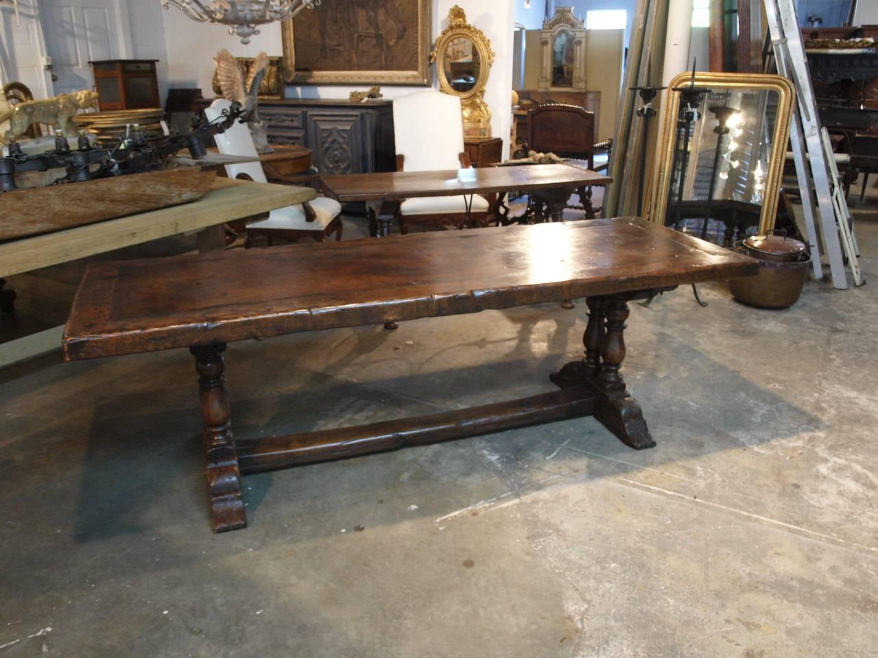 French 19th Century Baluster Leg Farm Table, Trestle Table In Excellent Condition In Round Top, TX