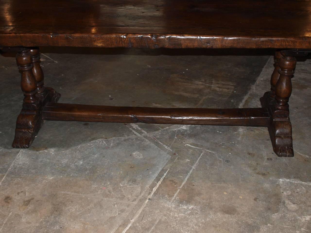 Chestnut French 19th Century Baluster Leg Farm Table, Trestle Table