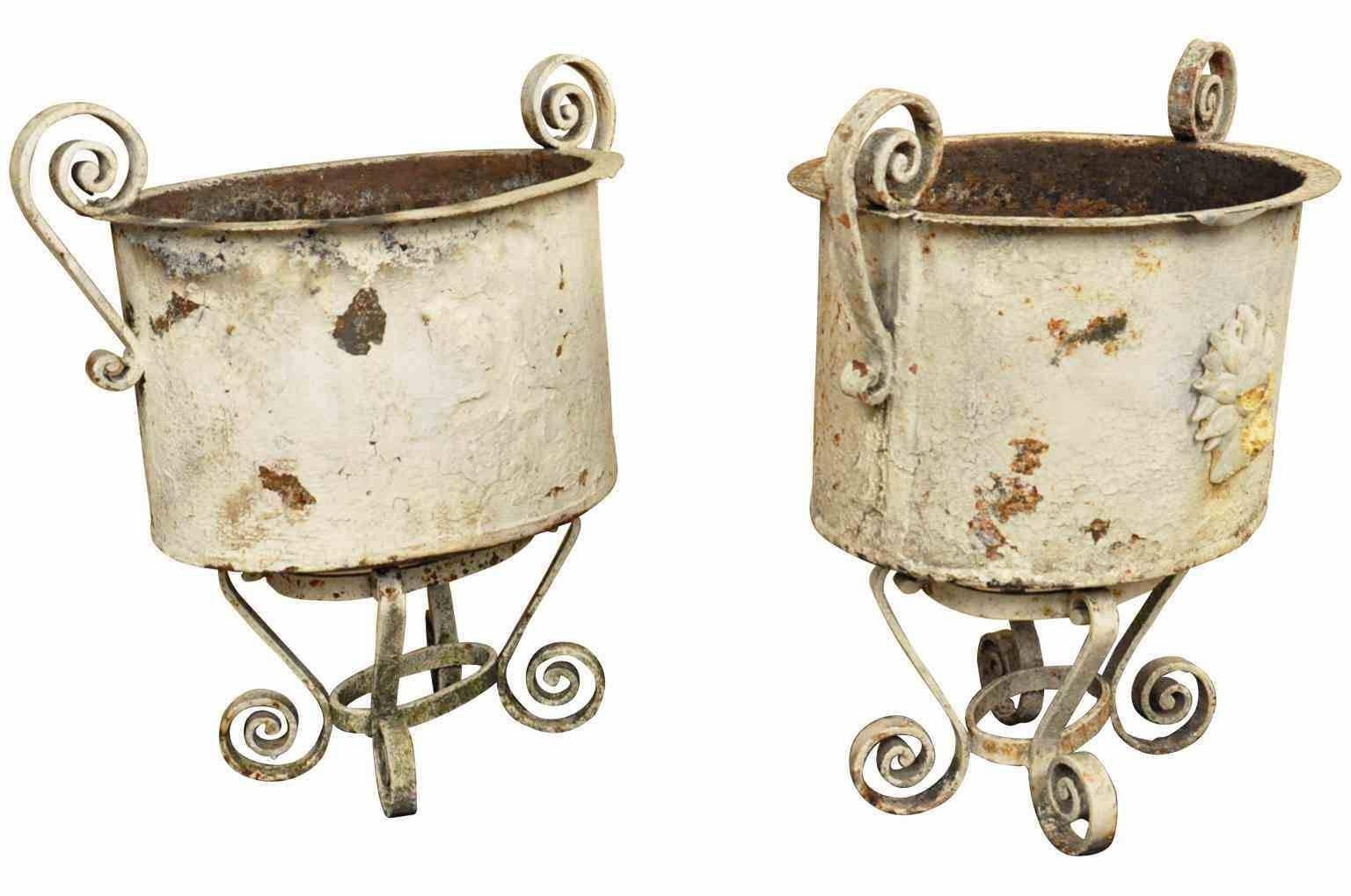 A charming pair of late 19th century French Provençal Jardinières - planters on their stands. Handsomely designed with scrolling arms and scrolling base in painted iron. One-piece is decorated with a sunflower medallion.