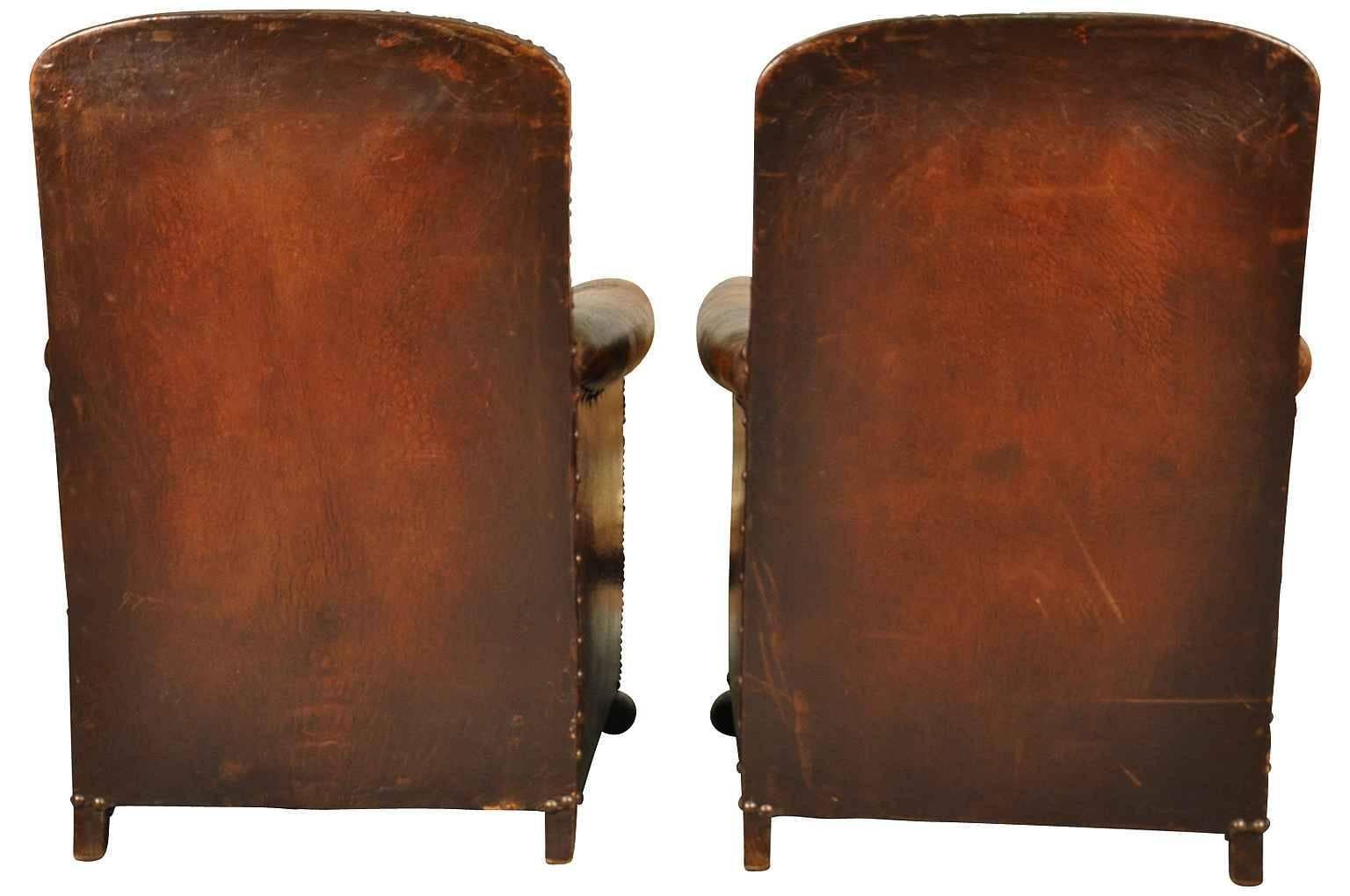 Pair of French Art Deco Leather Club Chairs In Good Condition In Atlanta, GA