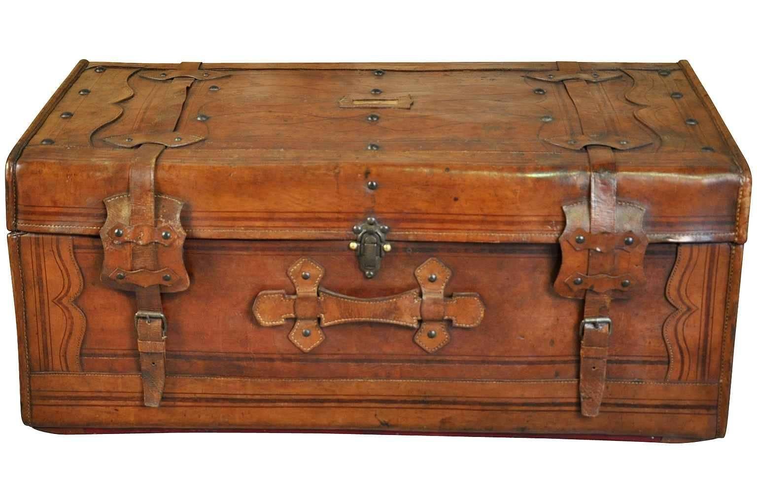 A very handsome French later 19th century-early 20th century trunk. Beautifully crafted in fine leather. This piece will serve as an excellent coffee table.